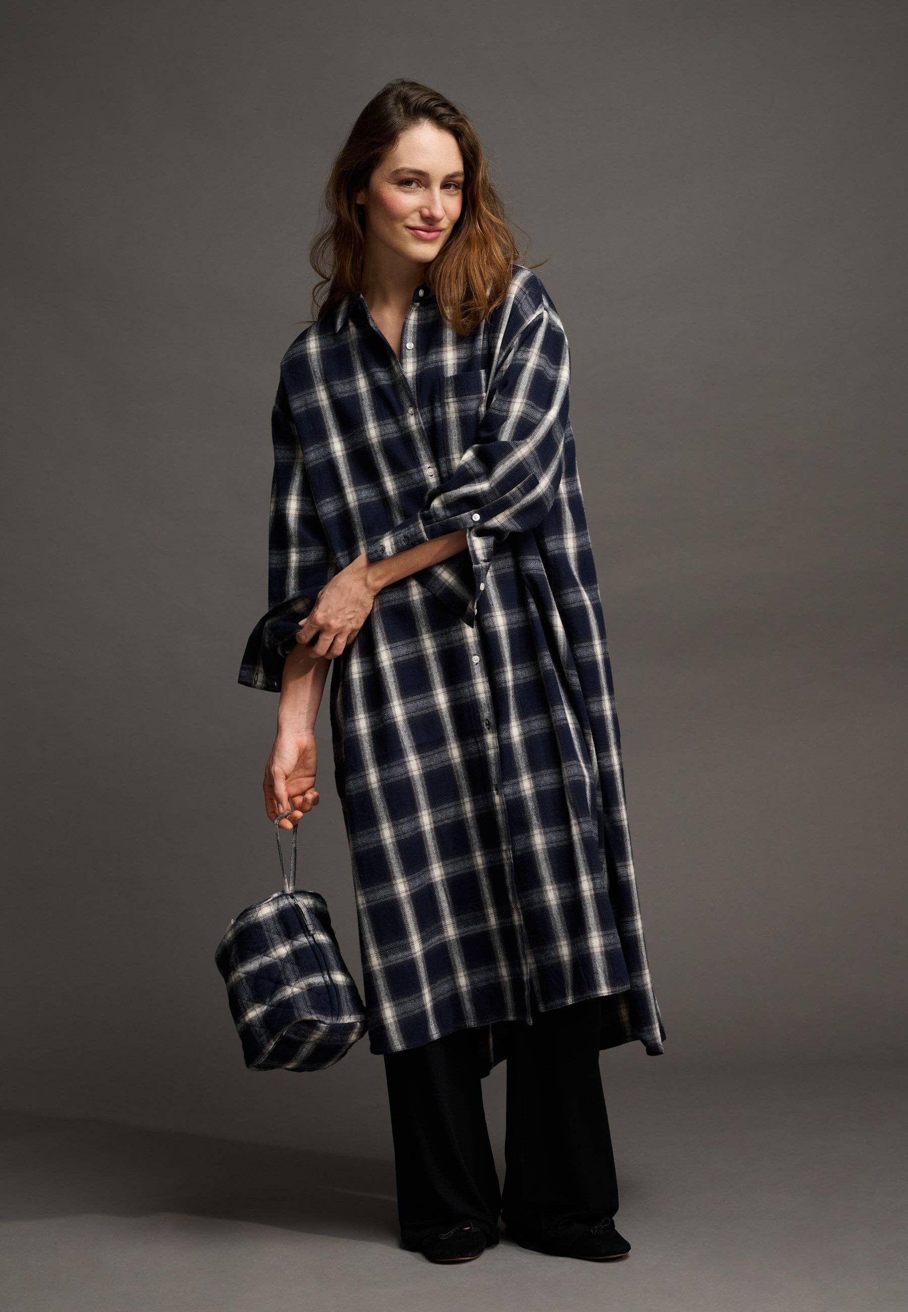 Floret shirtdress check: Dark navy / grey / ecru / S