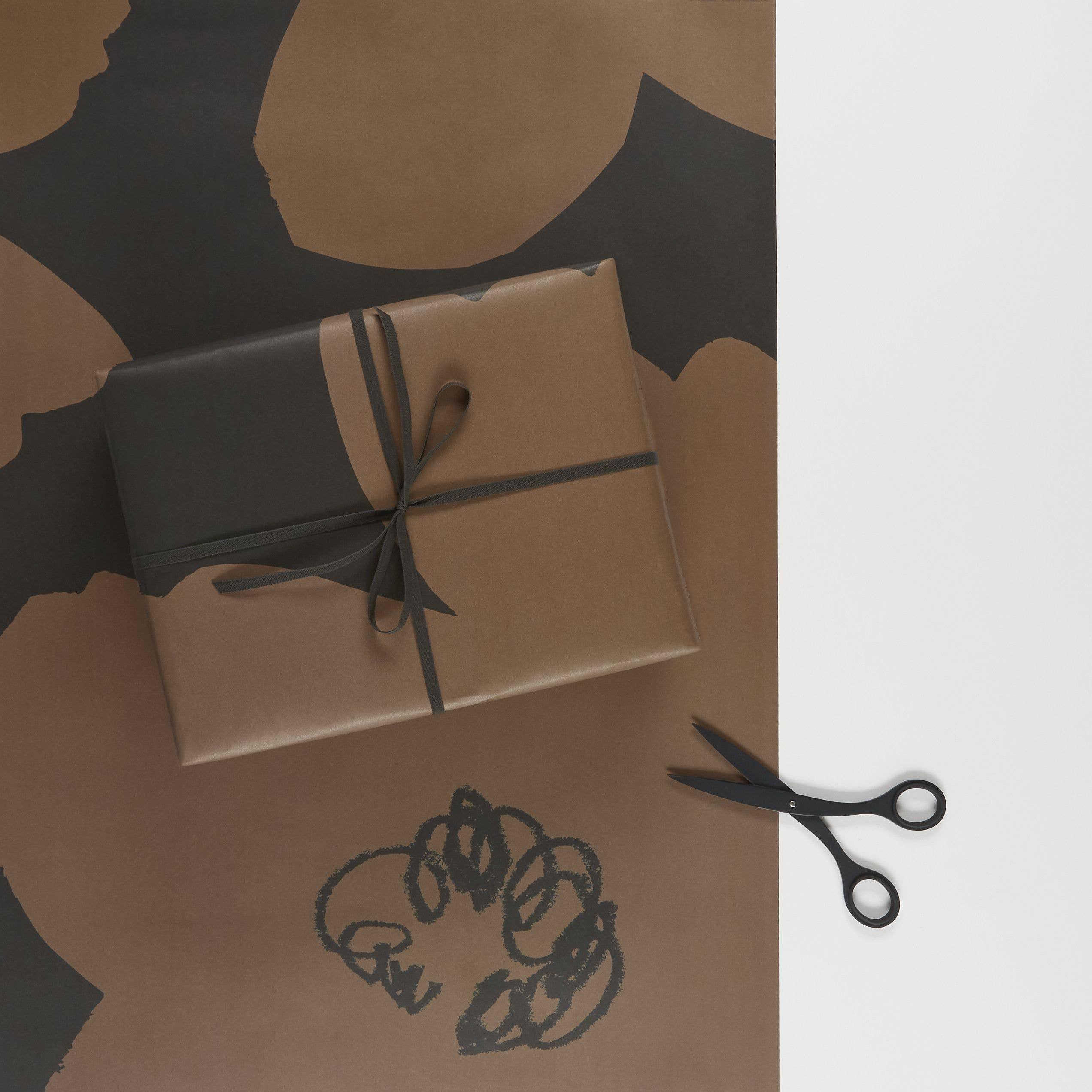 Nana Shiomi premium brown and black gift wrap paper with abstract print and black scissors