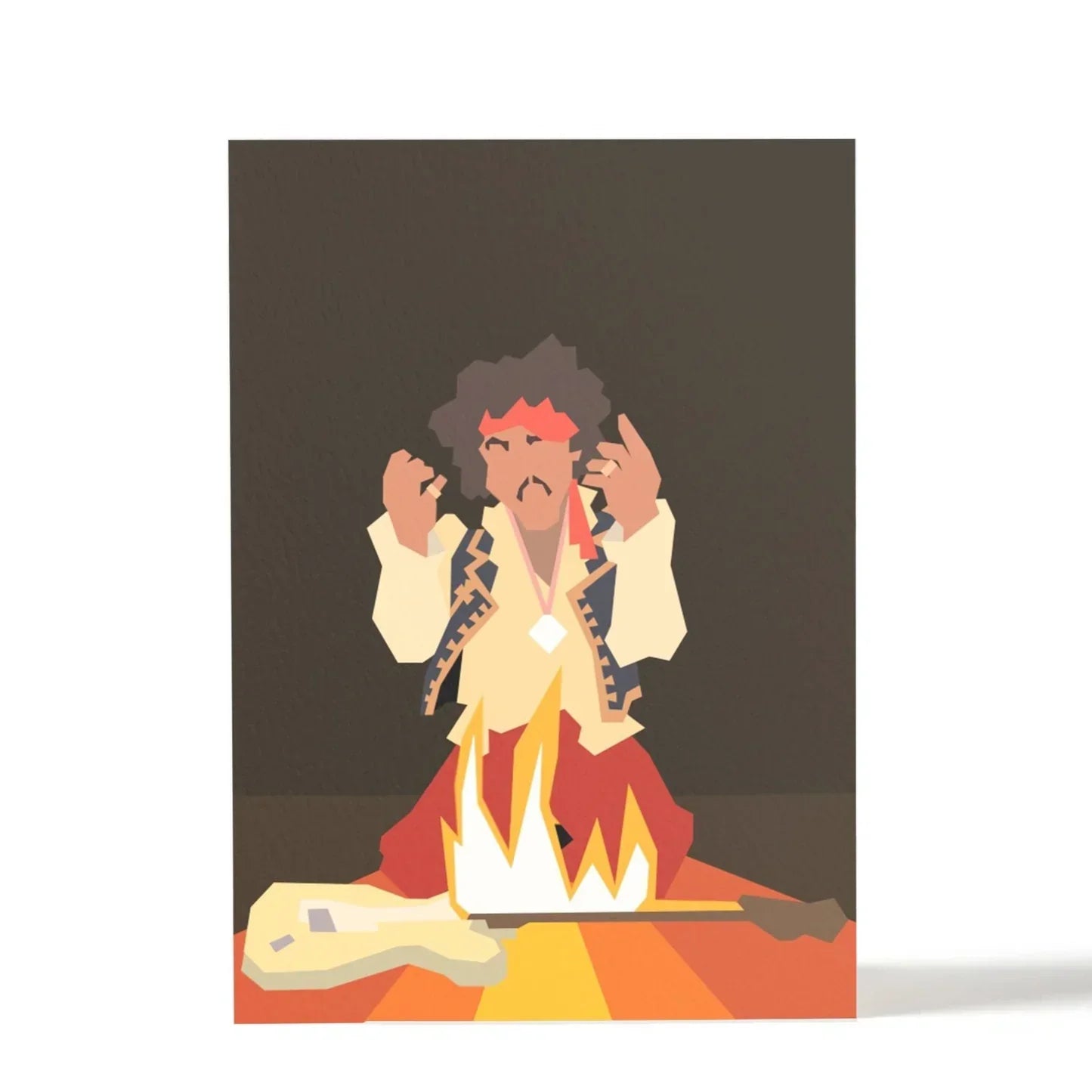 Chill Winston art print of a guitarist in vintage clothes with red pants and guitar on fire