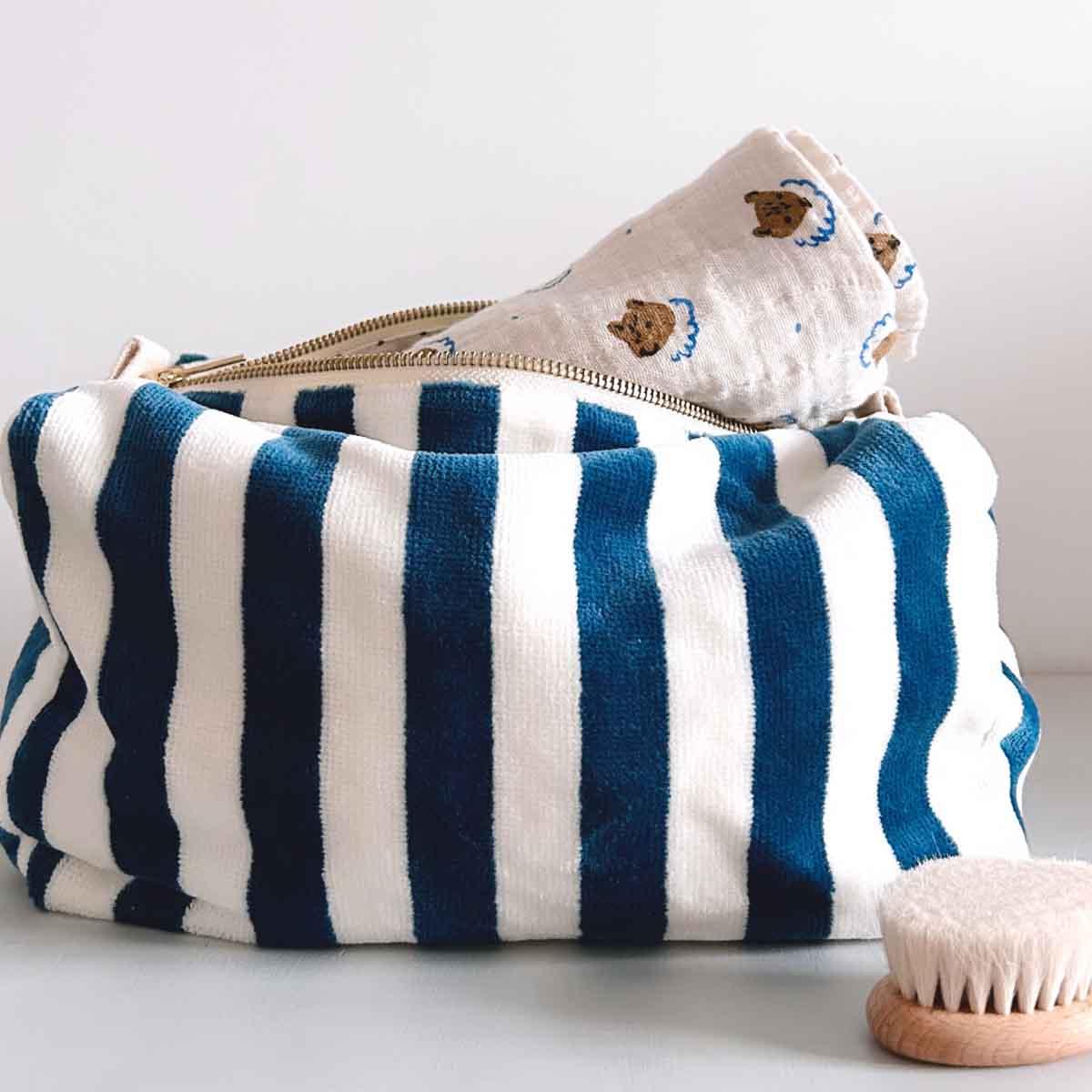 Main Sauvage striped cotton toiletry bag blue white, muslin washcloth, wooden baby brush