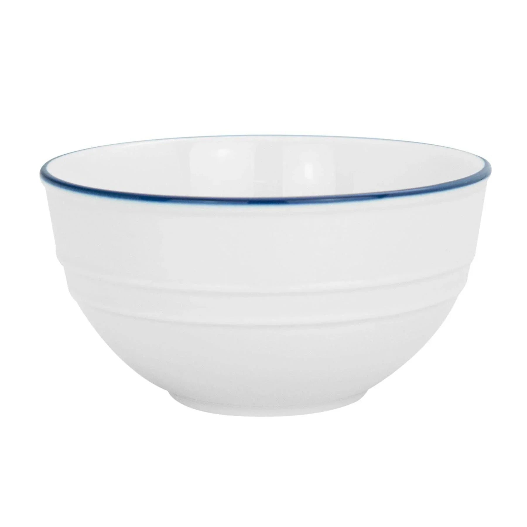 Crow Canyon Home enamel bowl, white with blue rim, classic enamelware design