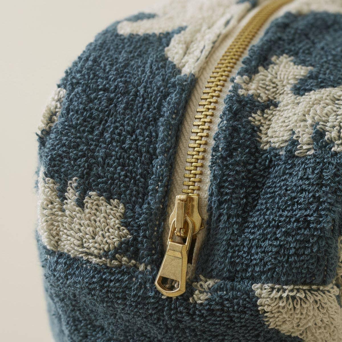 Slowtide zip pouch in blue and cream terry cotton with gold zipper detail