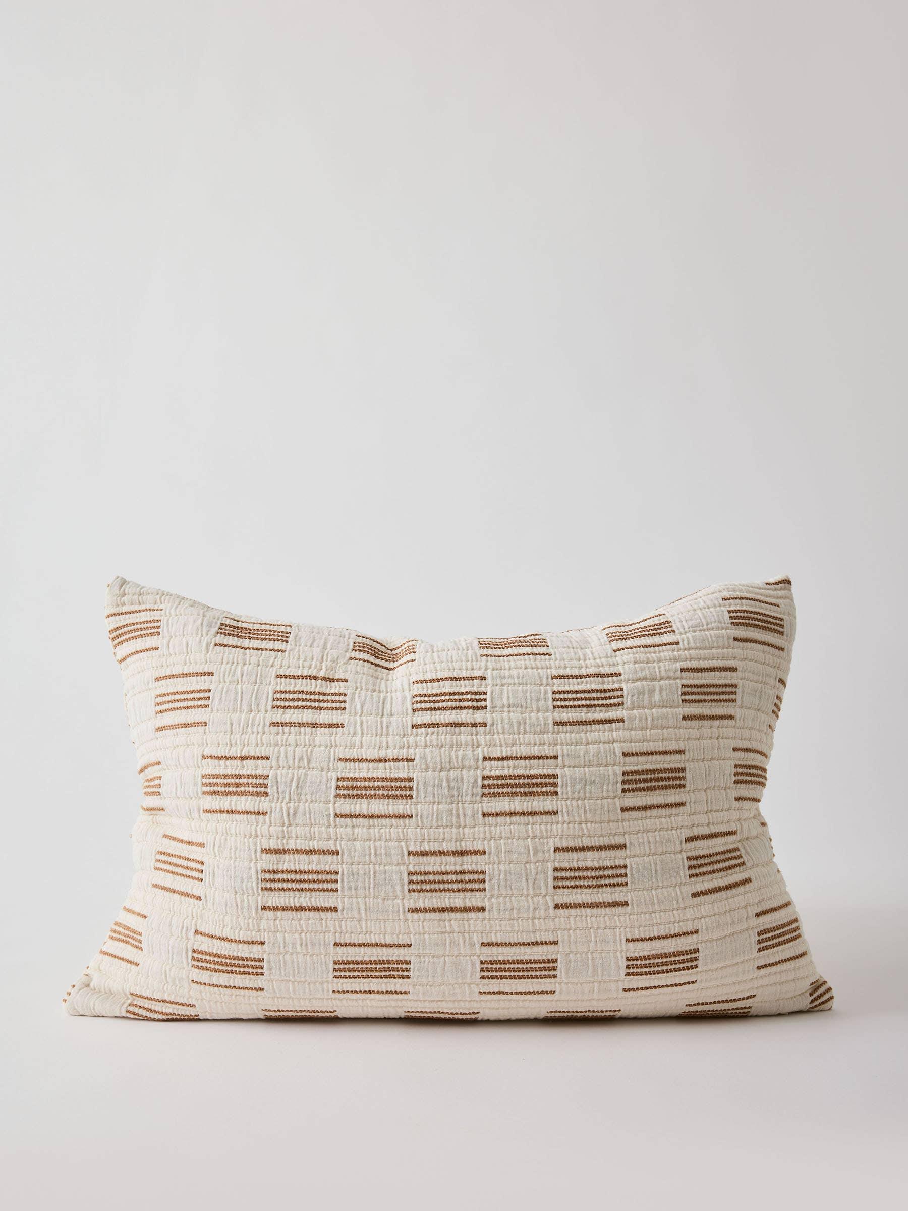 The Loom pillow, cream cotton with brown geometric woven pattern, premium decorative cushion