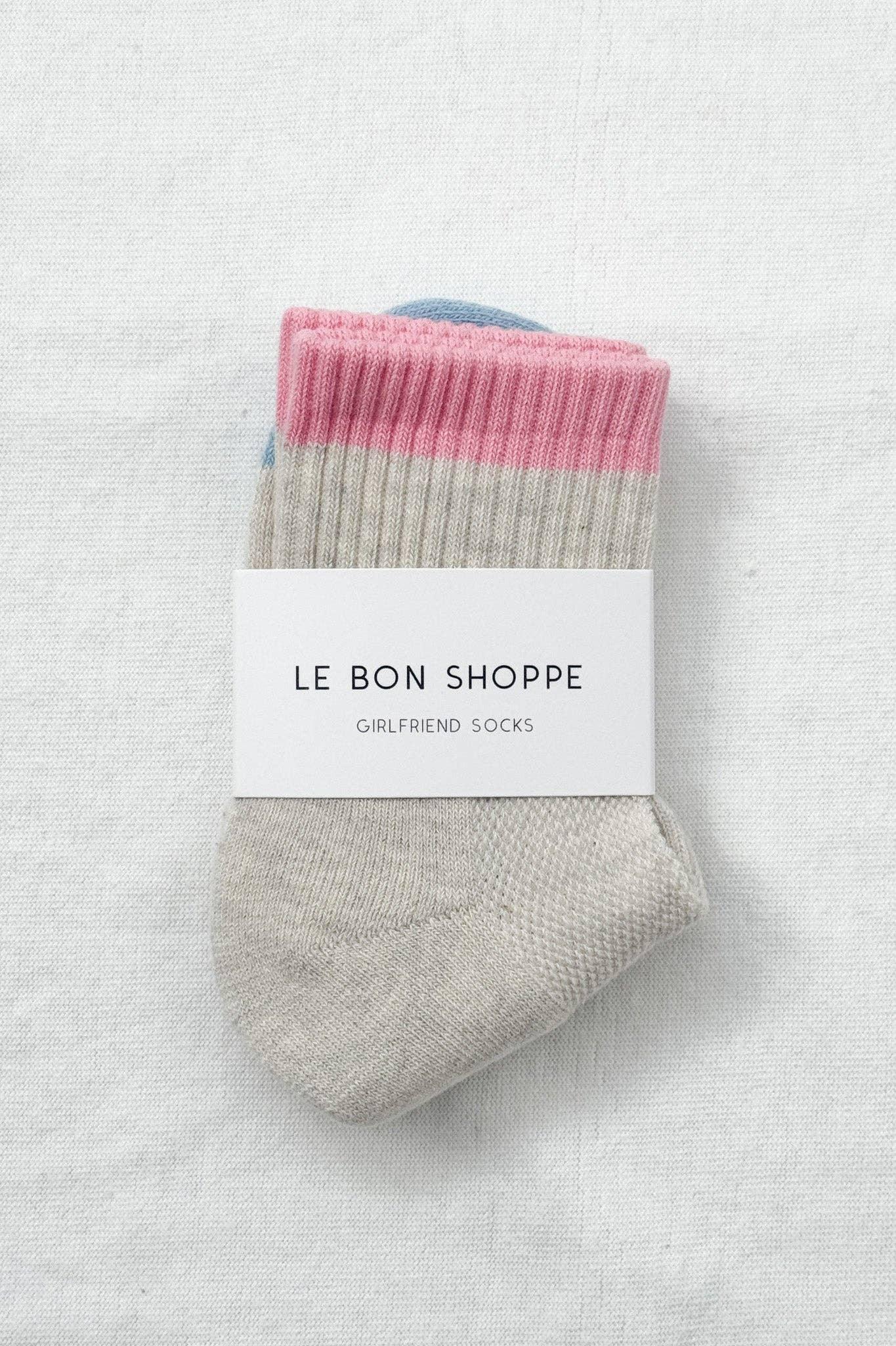 Le Bon Shoppe Girlfriend Socks, cotton blend, beige with pink and blue accents