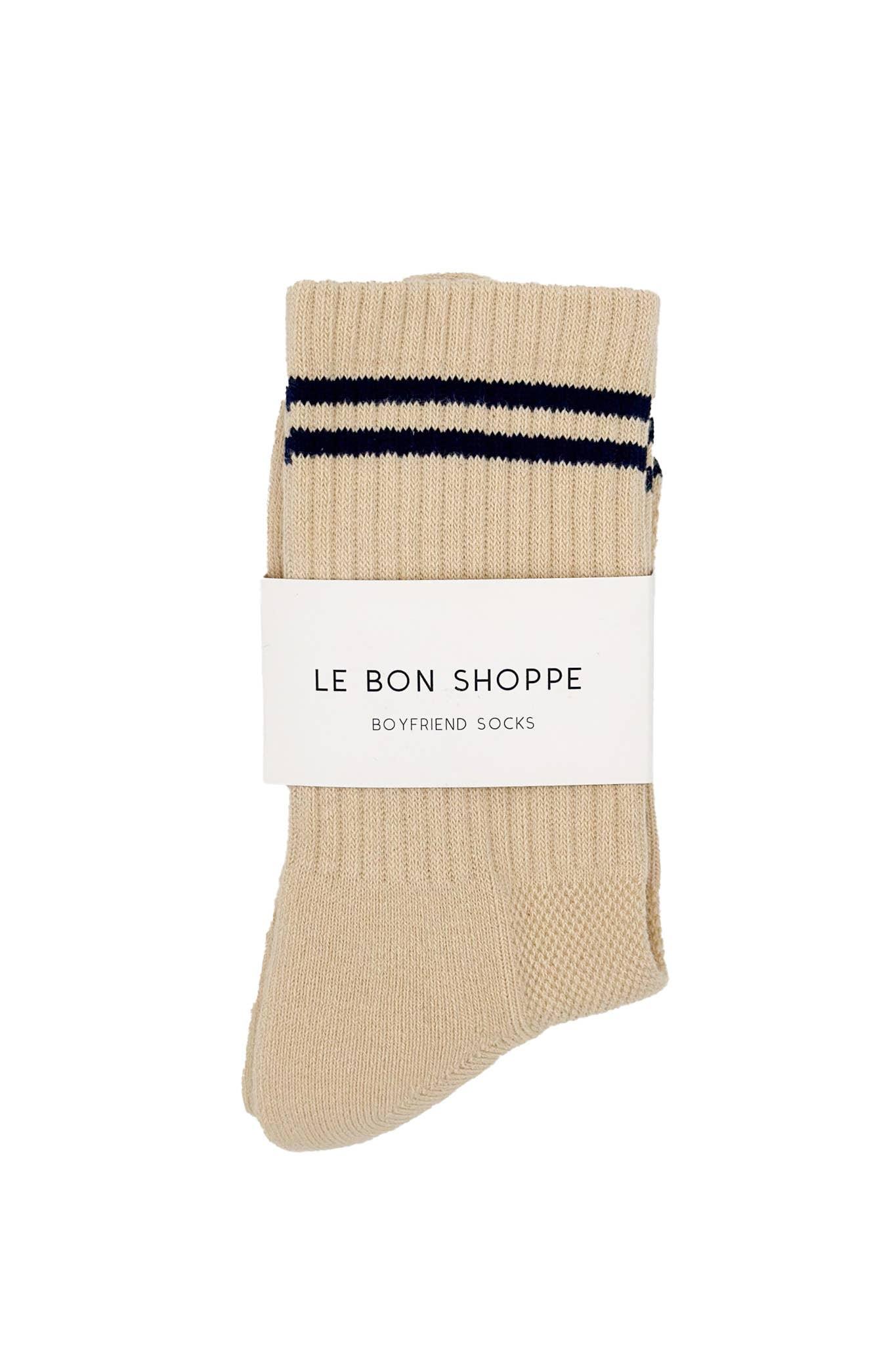 Le Bon Shoppe beige ribbed cotton socks with navy stripes, Boyfriend Socks packaging