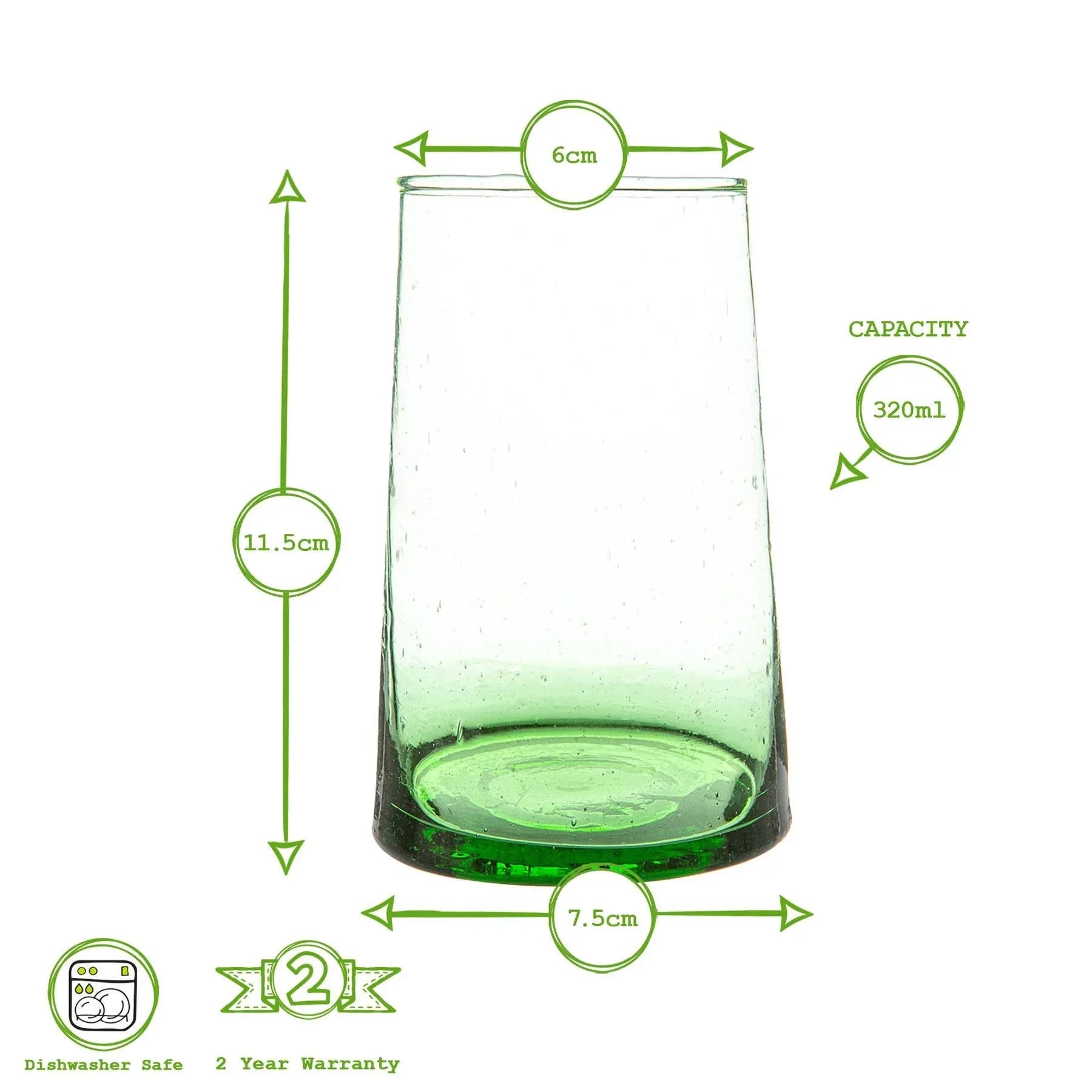 Green glass tumbler, 320ml, dishwasher safe, 2-year warranty, clear recycled glass