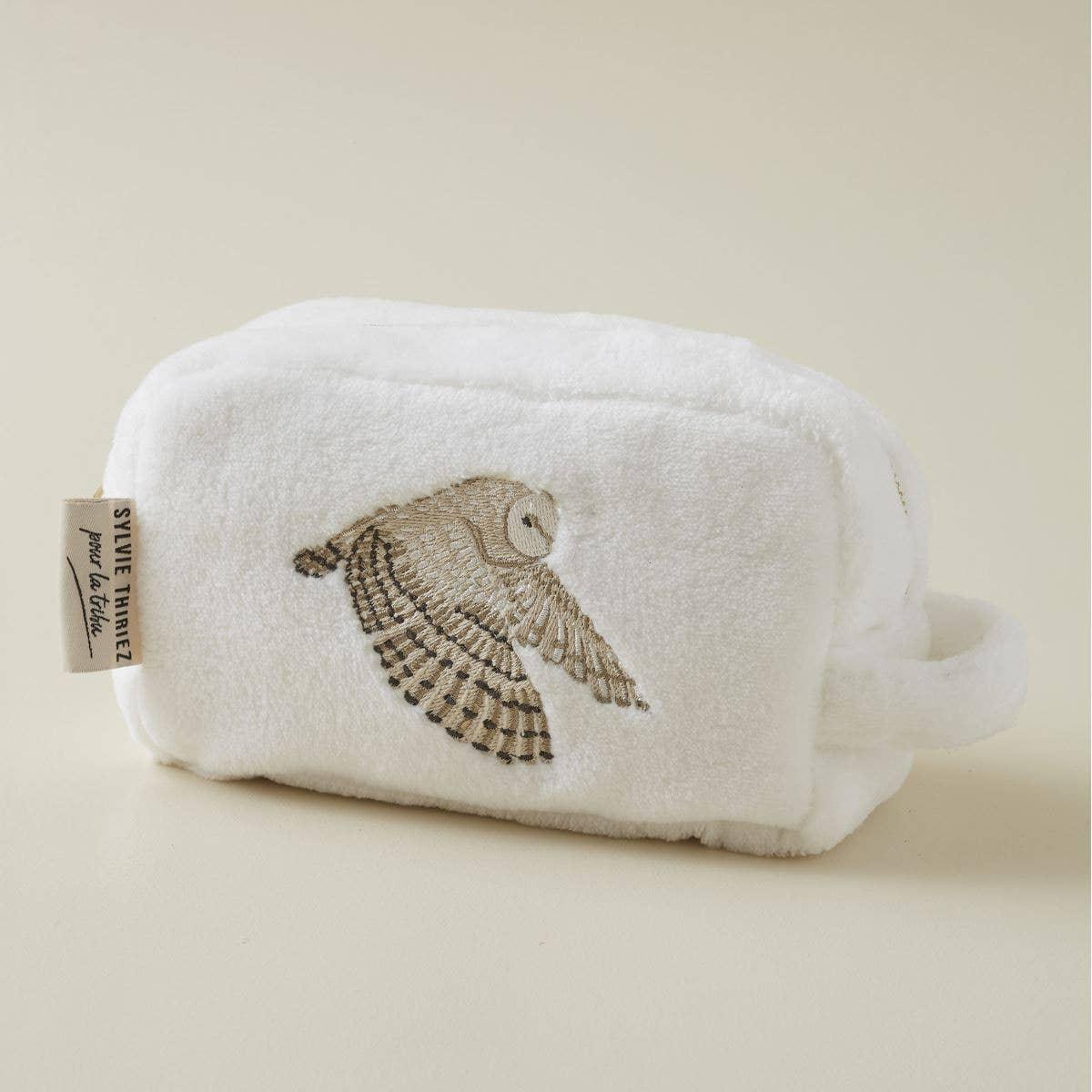 Sylvie Thiriez white plush toiletry bag with embroidered owl design