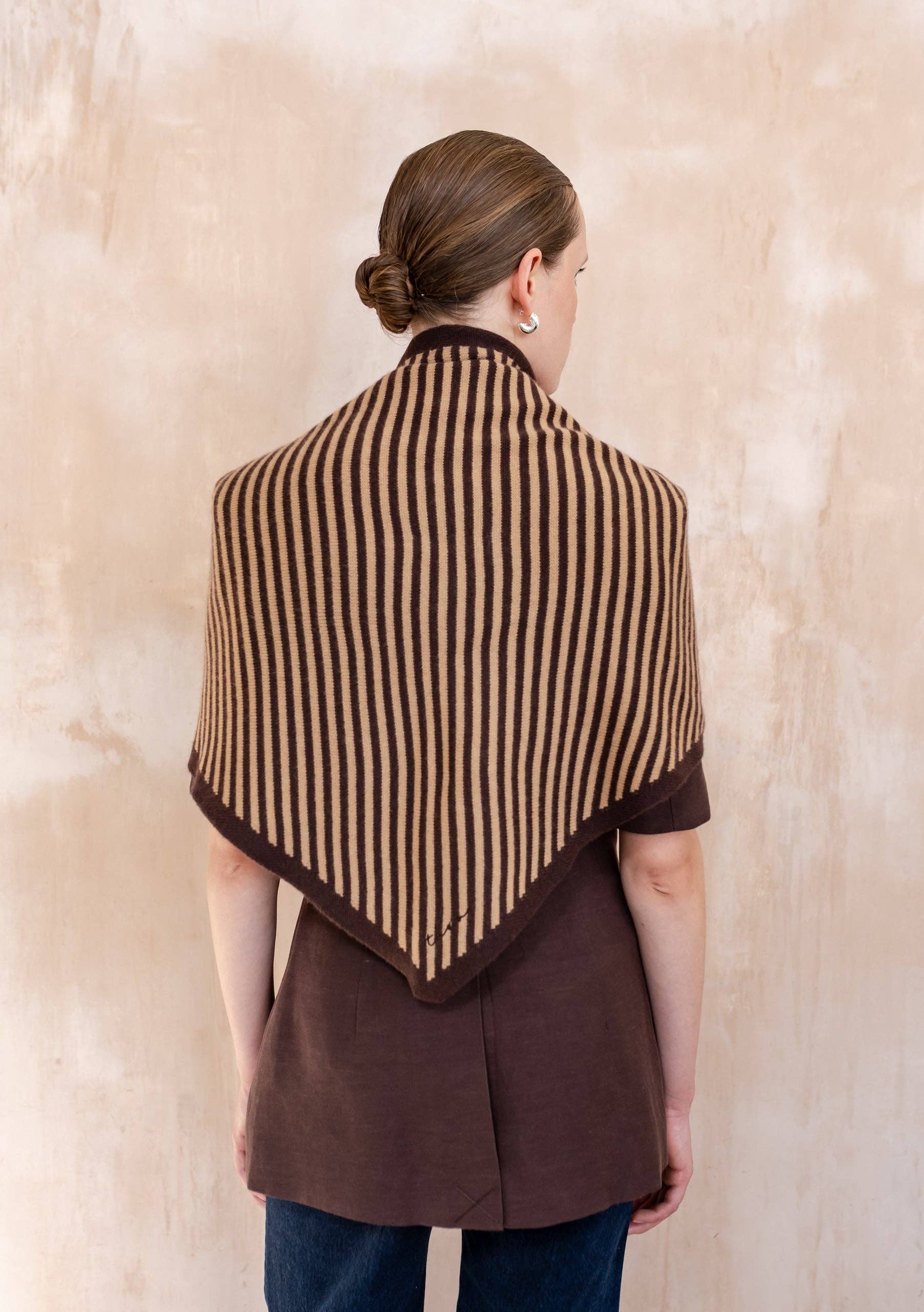 Large Merino Wool Triangle Scarf in Camel & Brown Stripe - TBCo