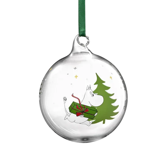 Moomin glass Christmas bauble with green ribbon, featuring Moomin and tree illustration