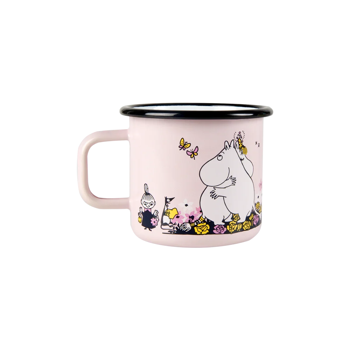 Muurla Moomin pink enamel mug with cartoon characters and floral design