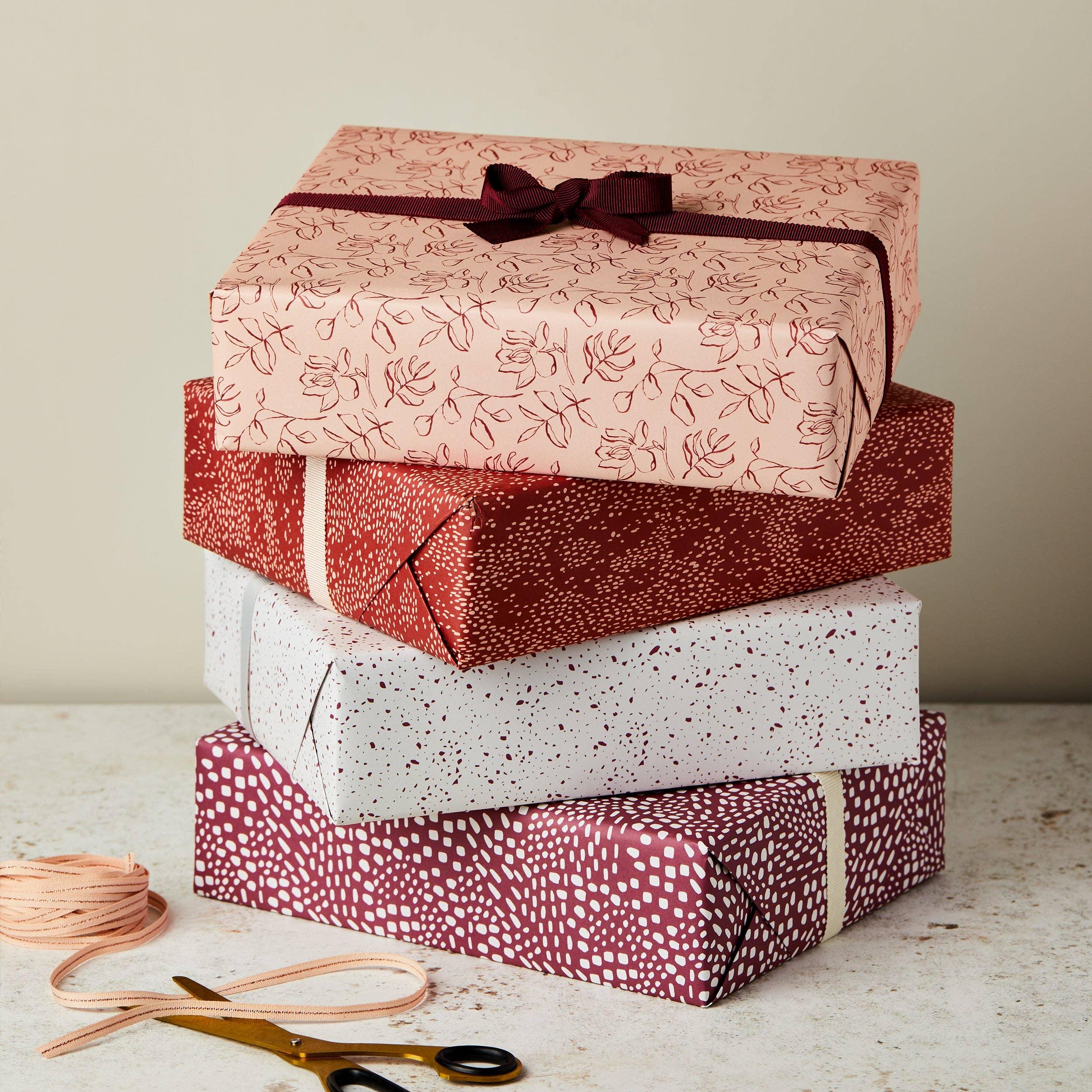 Premium Cambridge Imprint gift boxes, patterned paper, red and white, ribbon accents
