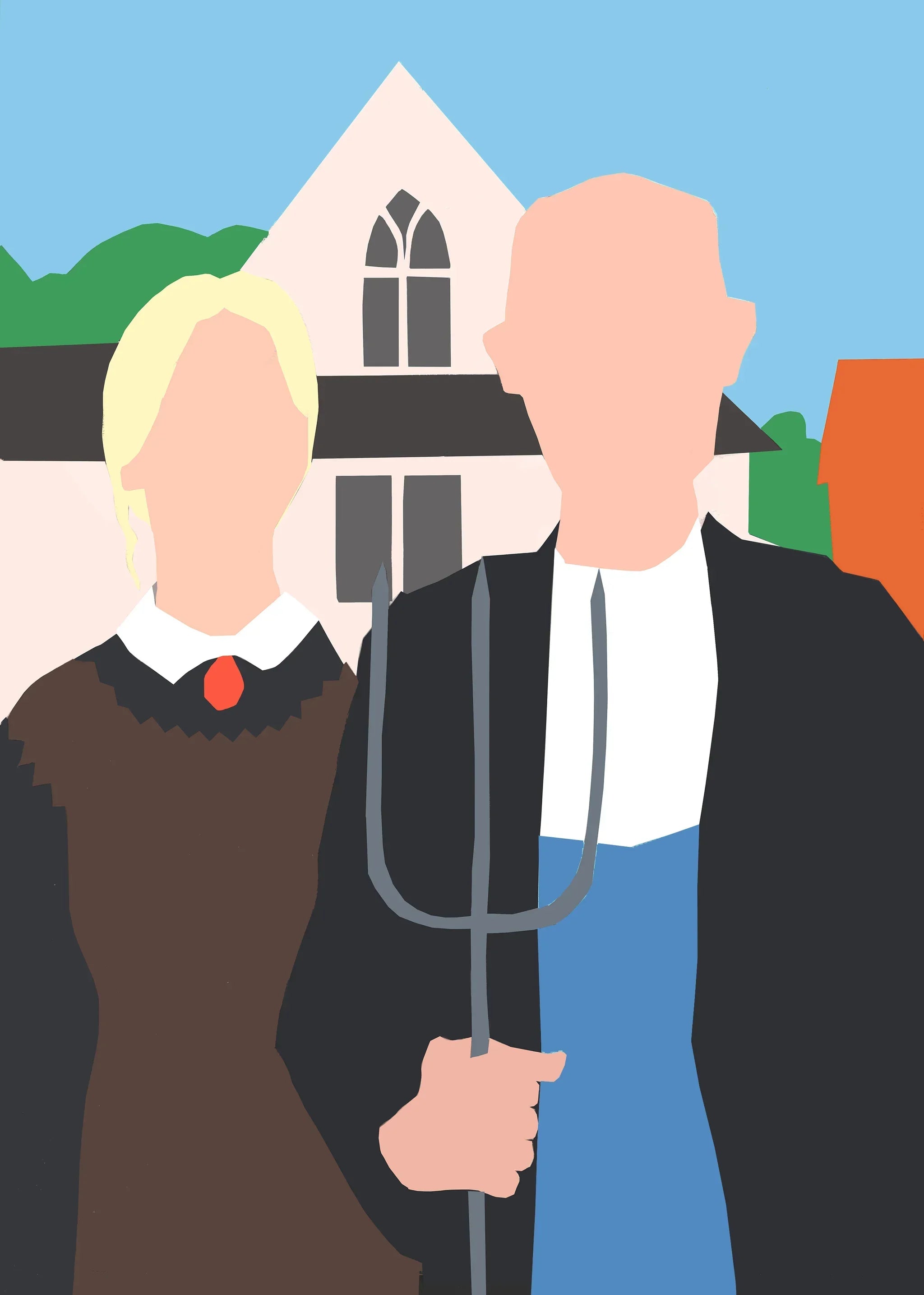 Minimalist illustration of two faceless people with a pitchfork, farmhouse in background, muted colors