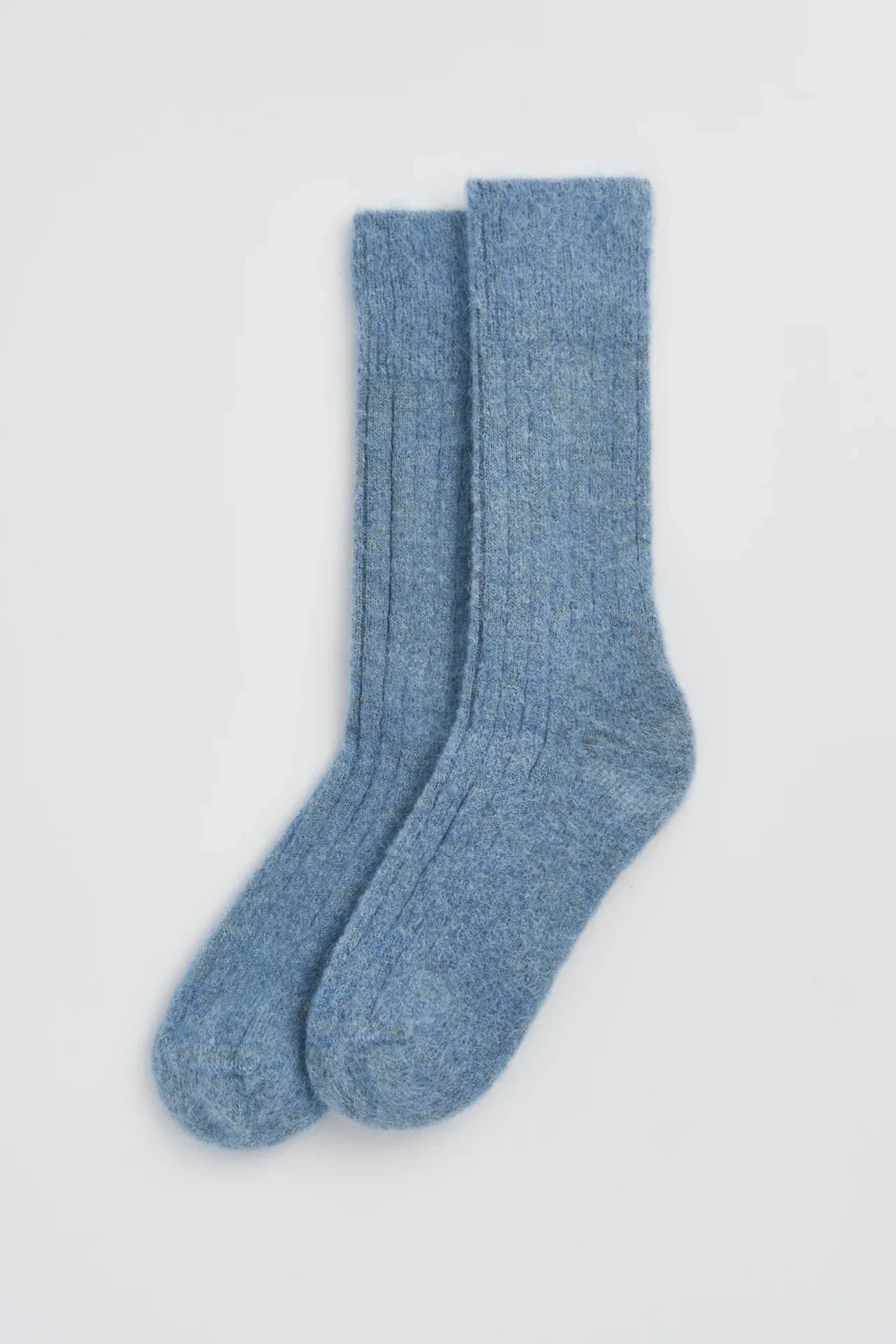 Nishiguchi Kutsushita blue wool socks, ribbed knit, premium cozy winter accessory
