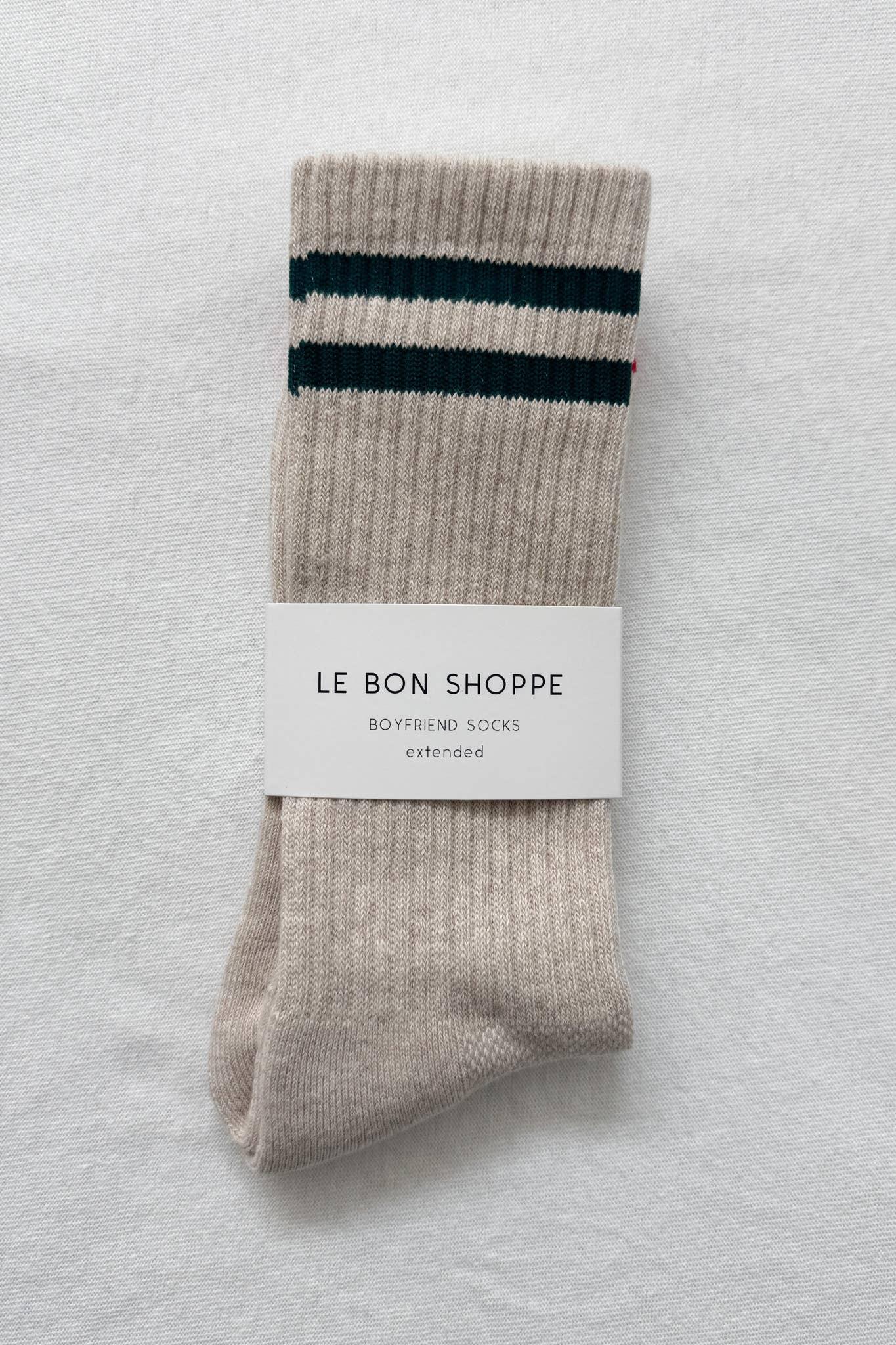 Le Bon Shoppe beige ribbed cotton-blend Boyfriend Socks with green stripes, folded on white