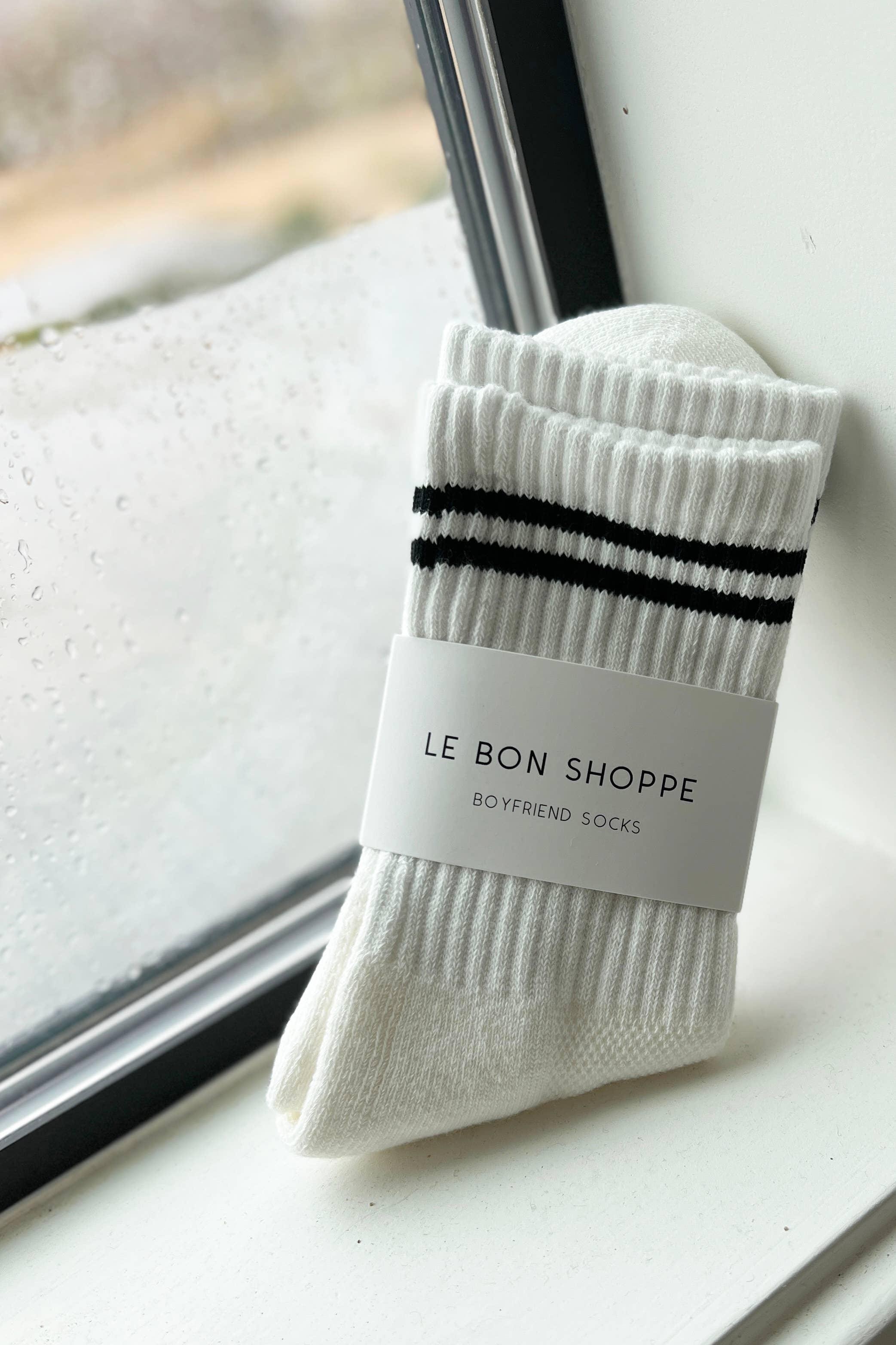 Le Bon Shoppe white Boyfriend Socks with black stripes, ribbed cotton blend on windowsill