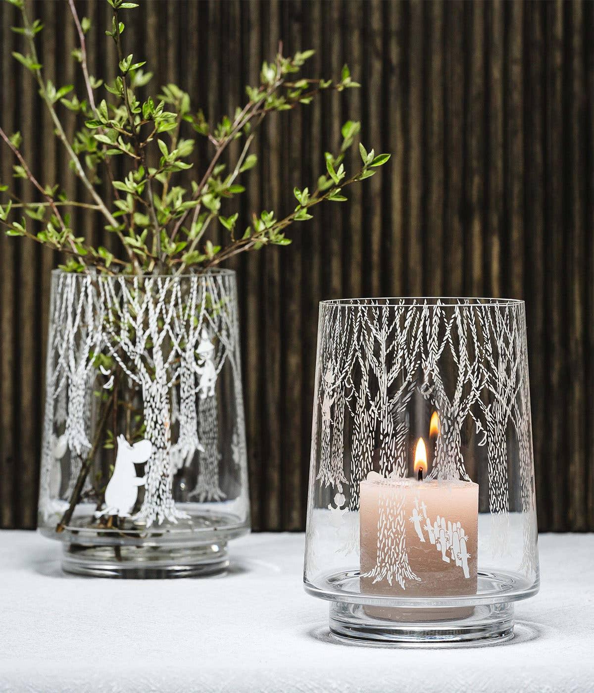 Moomin glass candle holders with etched forest design, clear glass, premium decor