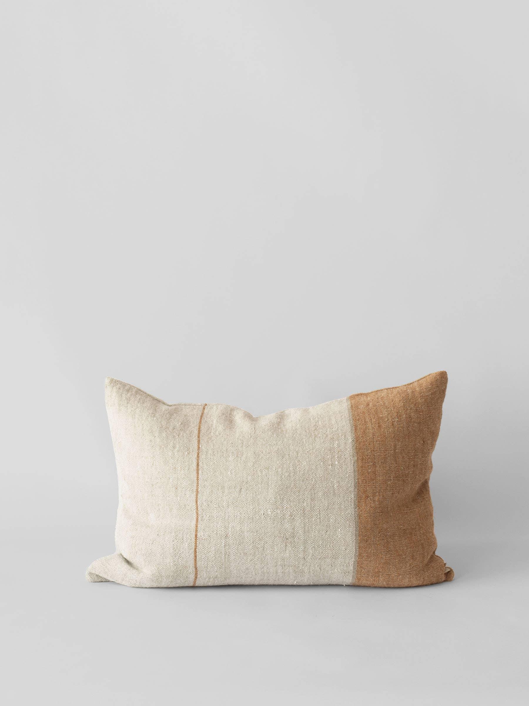 Studio Variously handwoven linen pillow in beige and tan color block design