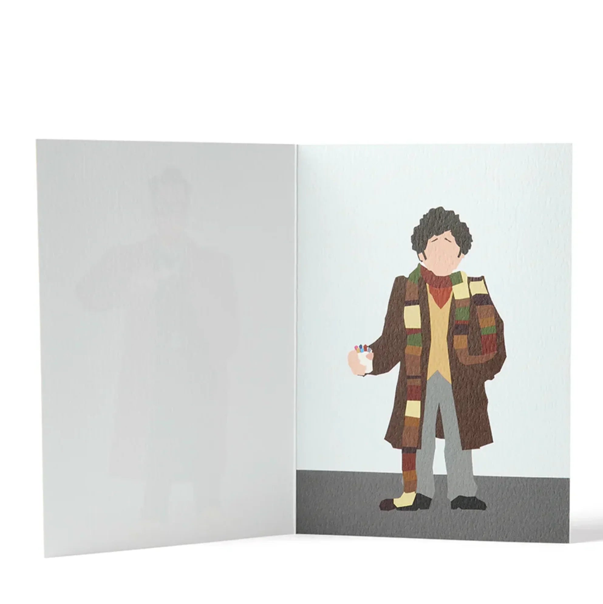 Lovepop Doctor Who greeting card, premium paper, multicolored scarf, brown coat design