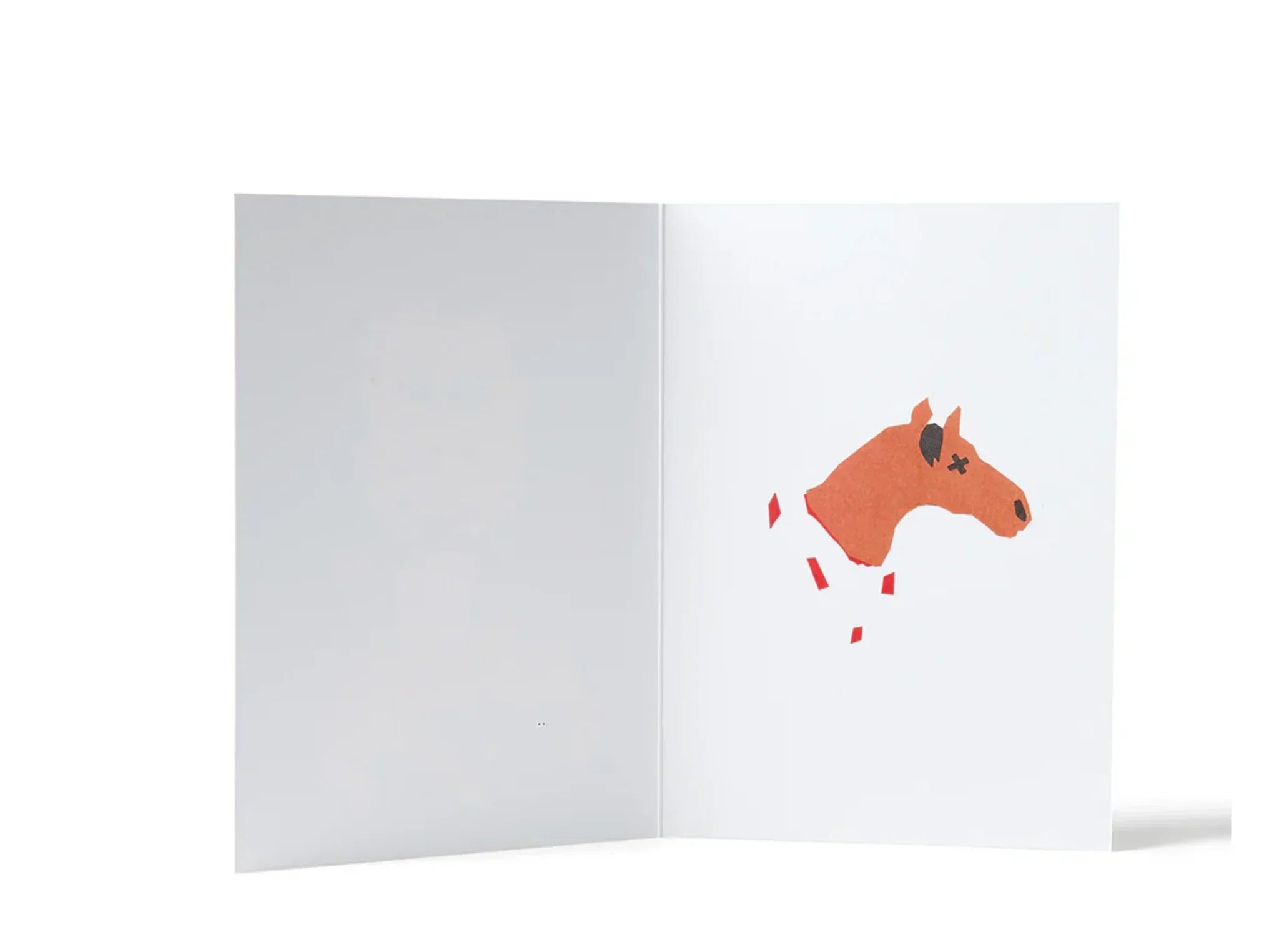 Third Drawer Down greeting card, premium white paper, orange horse head, minimalist design