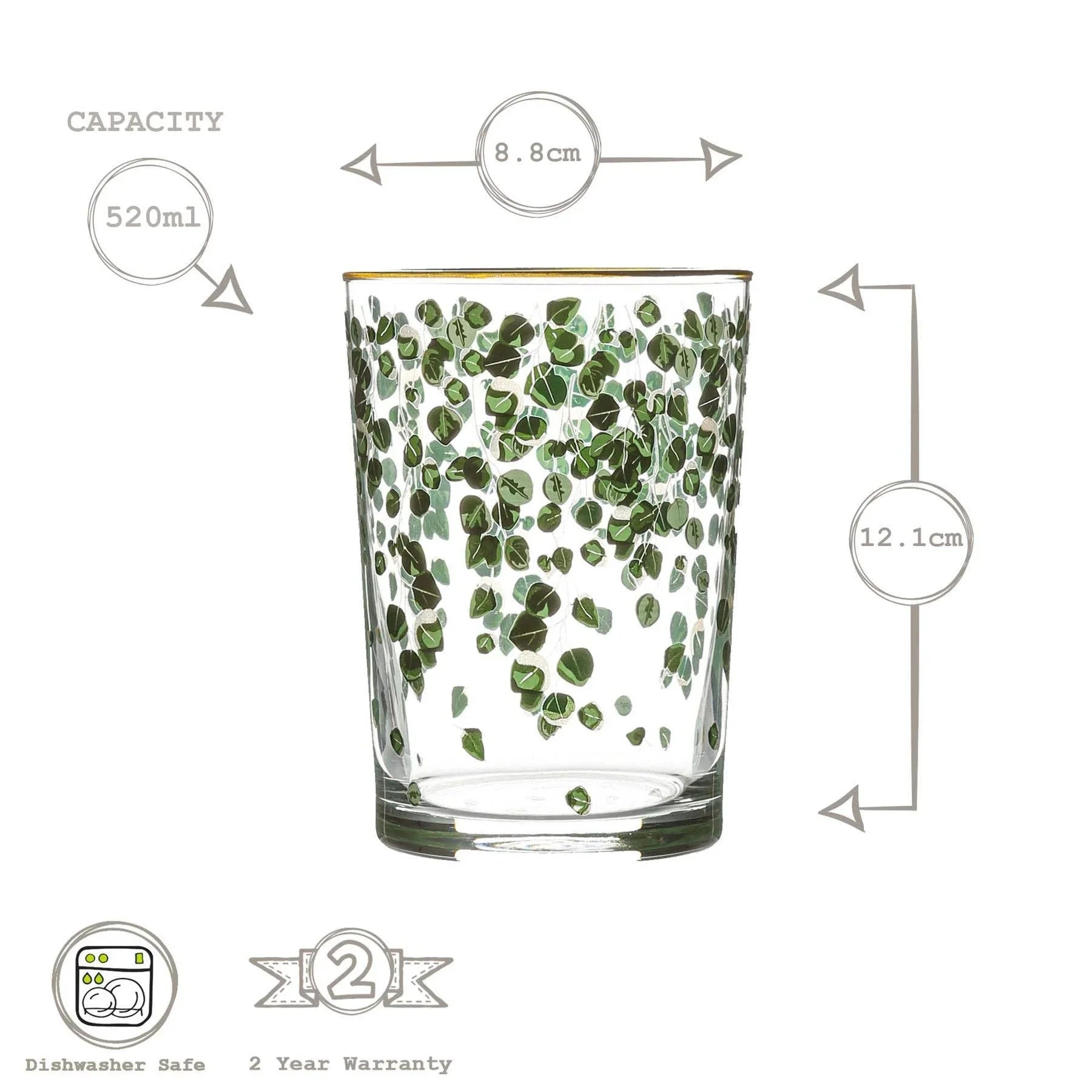 HuaH Glassware premium clear tumbler with green leaf design, 520ml, gold rim, dishwasher safe