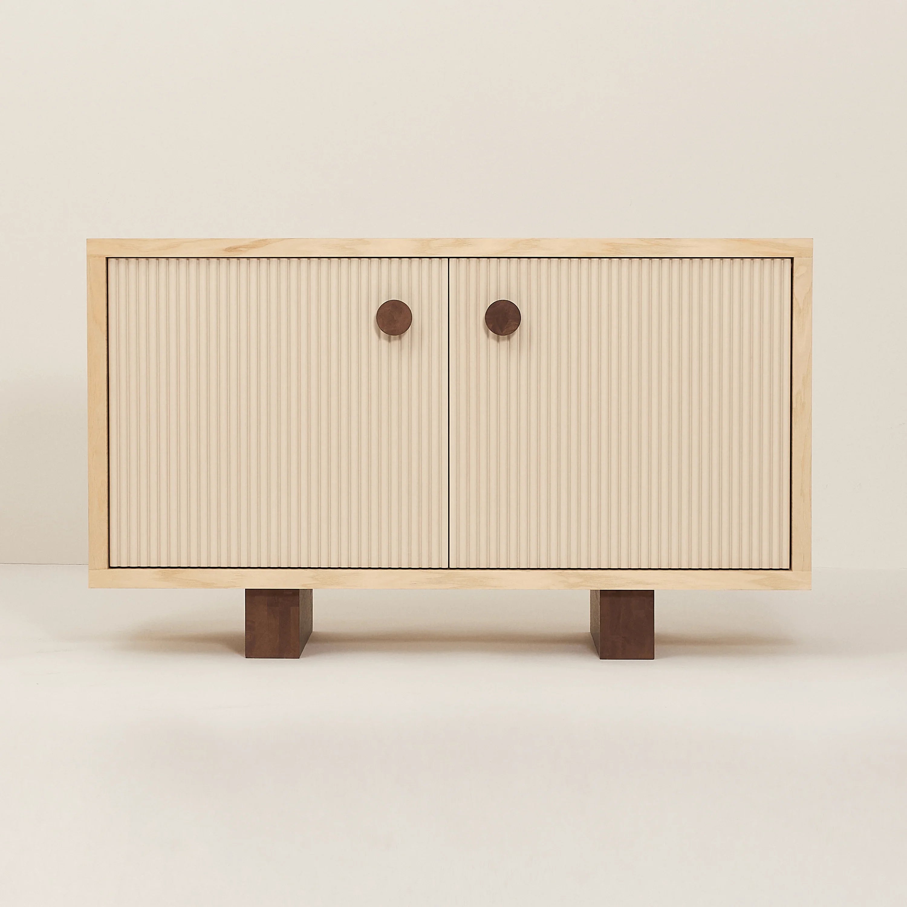 Heju x Nobodinoz sideboard, natural wood, cream ribbed doors, premium minimalist design