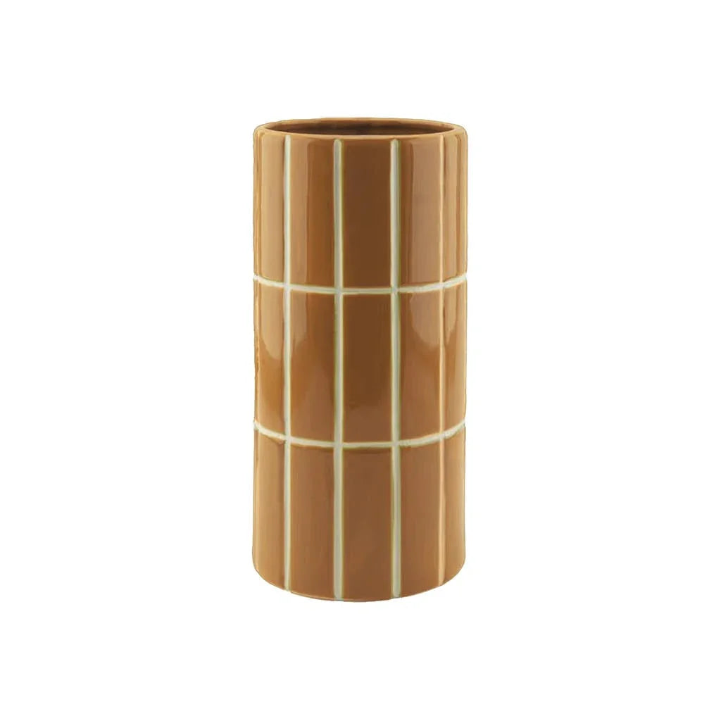 OYOY ceramic vase, cylindrical, glossy brown with cream grid pattern.