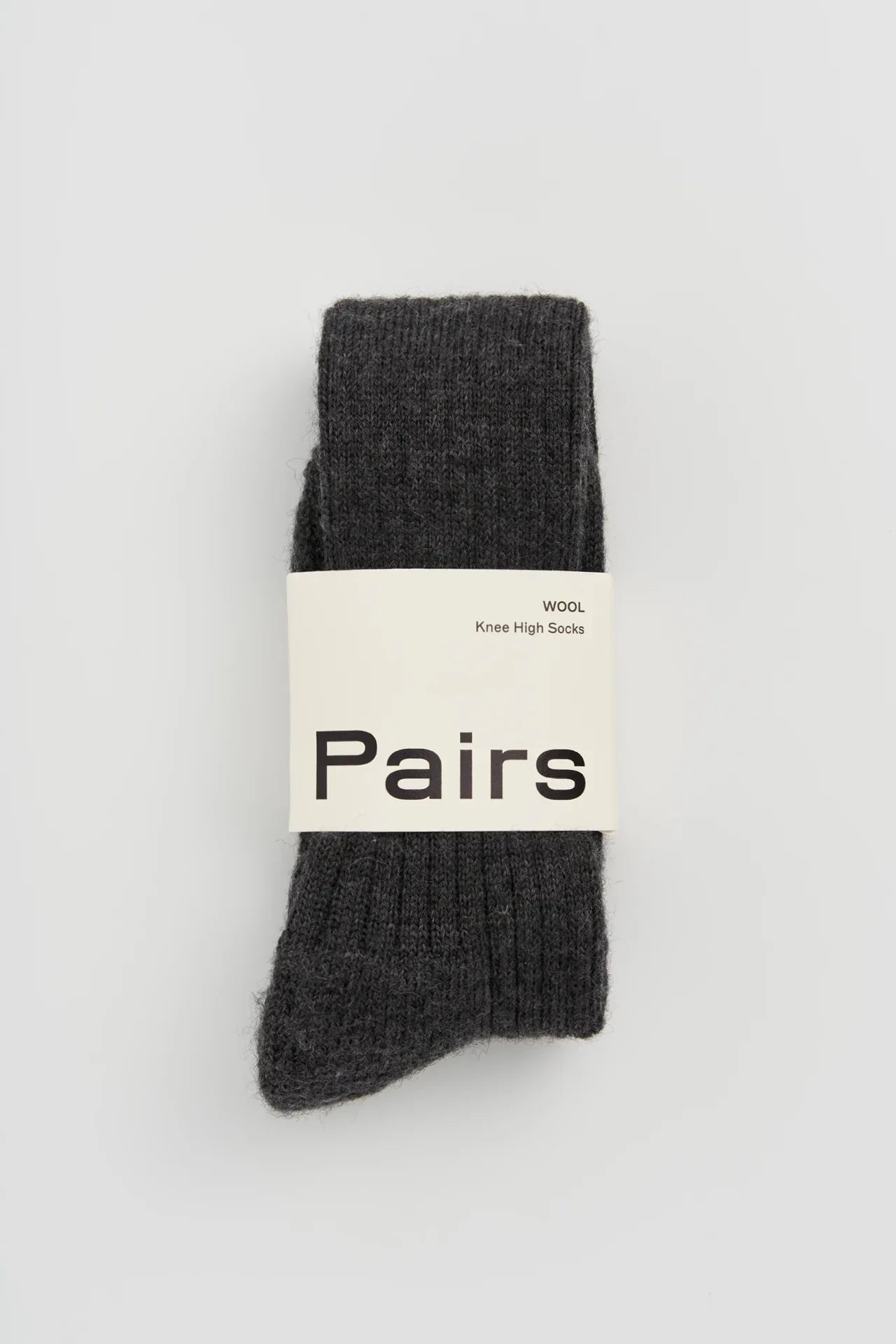 Pairs wool knee high socks in dark grey, ribbed texture, premium packaging