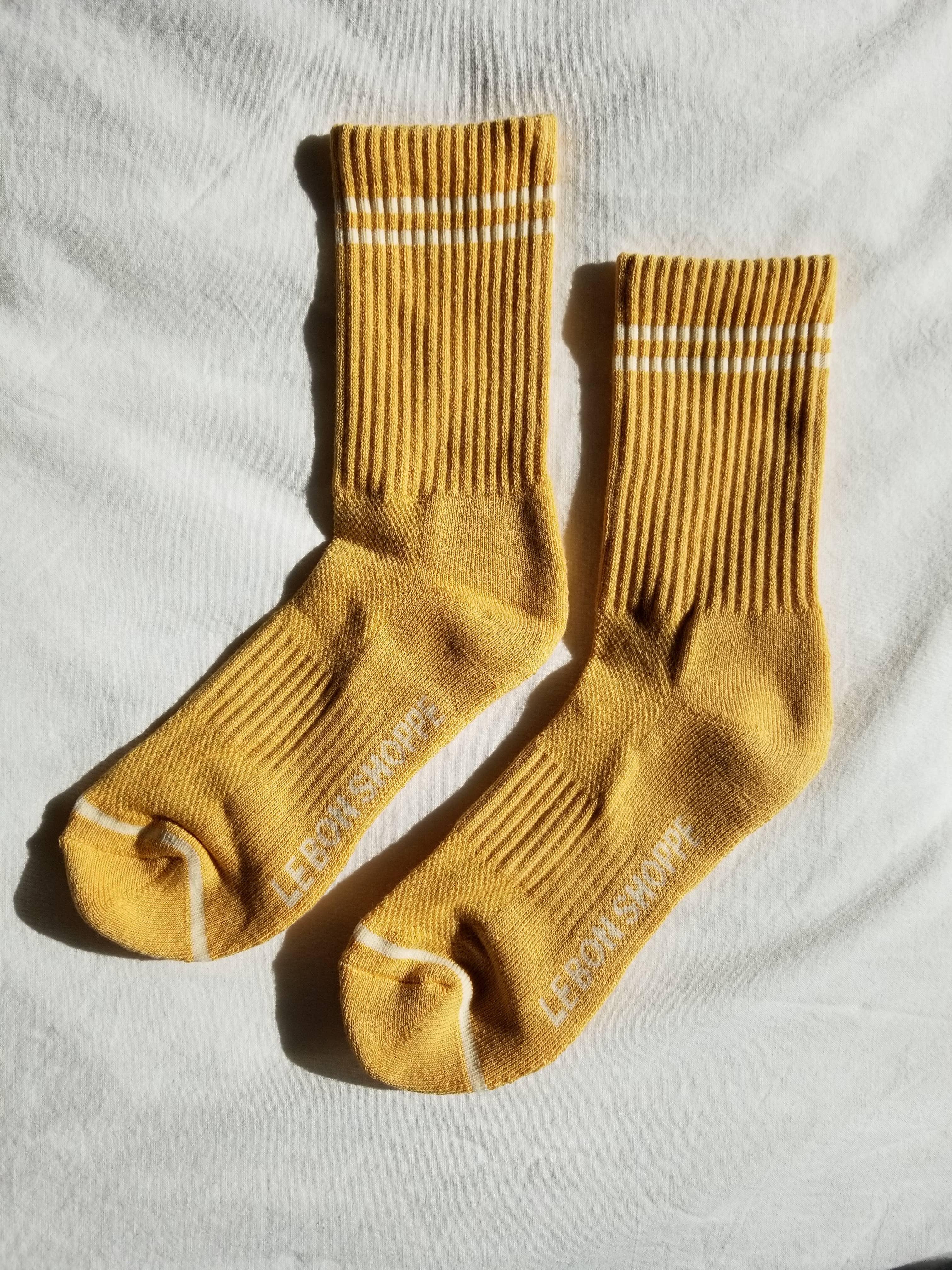 LEBONSHOPPE cotton yellow ribbed socks with white stripes on white background