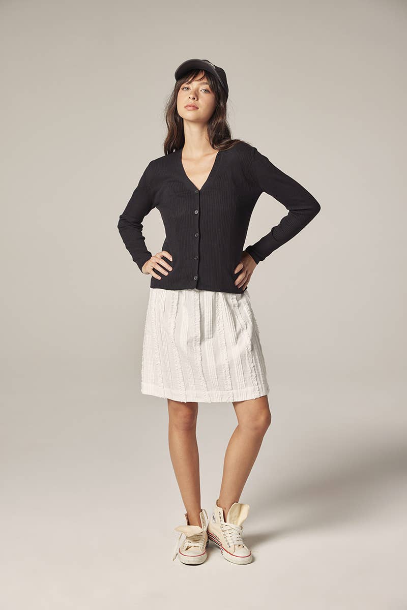 V-neck cotton line rib cardigan: Black / Solid / XS/S