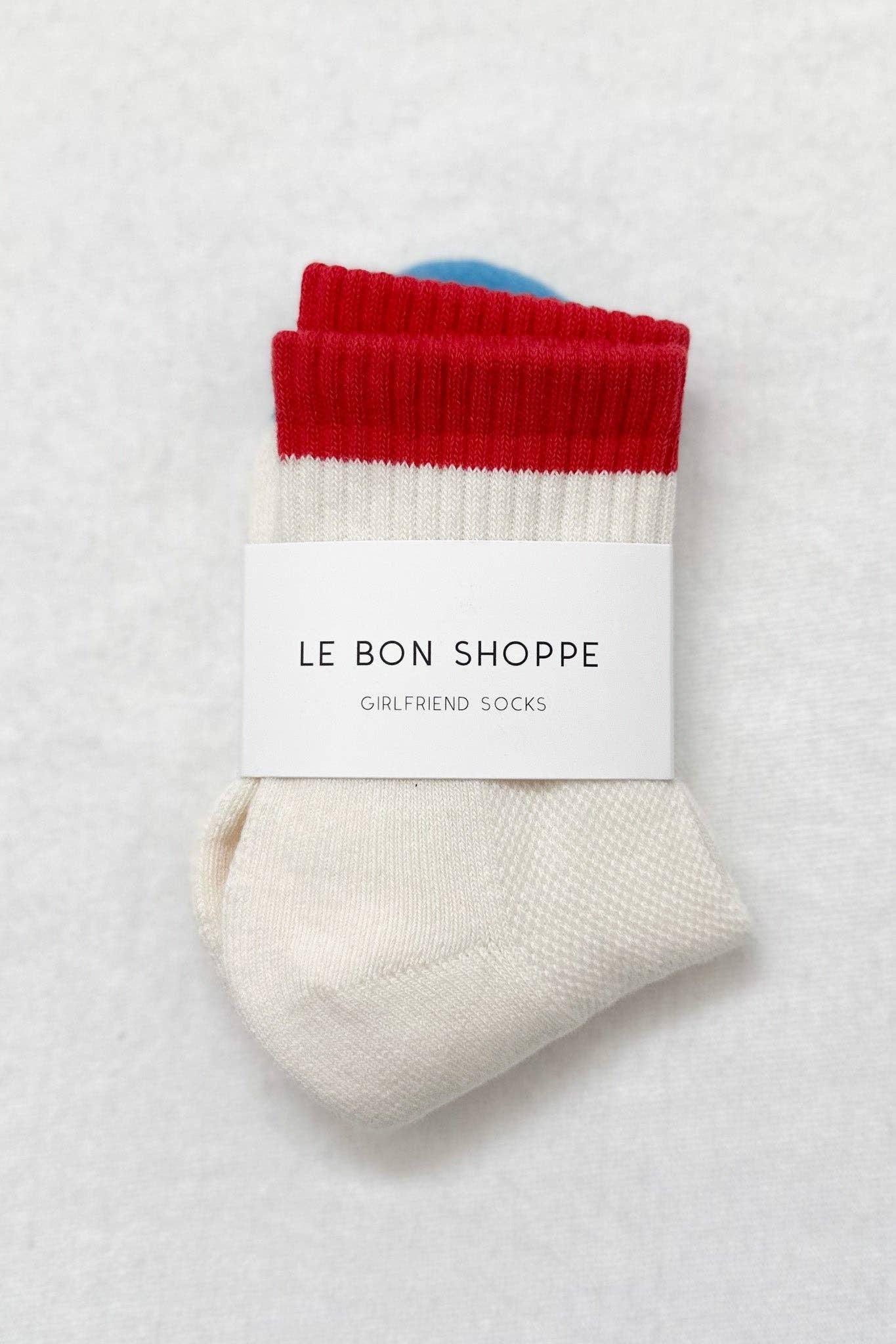 Le Bon Shoppe Girlfriend Socks cream cotton with red cuff, minimalist packaging