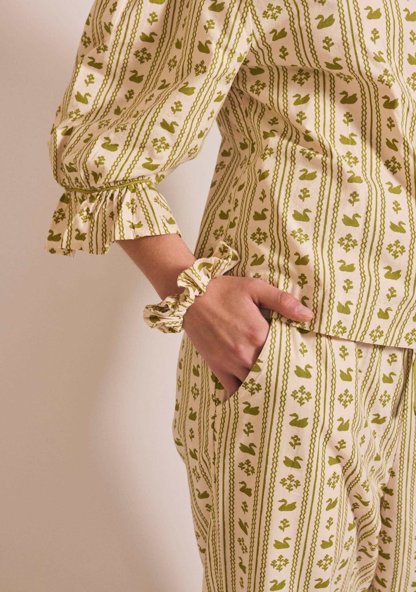 Cropped Cotton Pyjamas in Olive Swan - TBCo