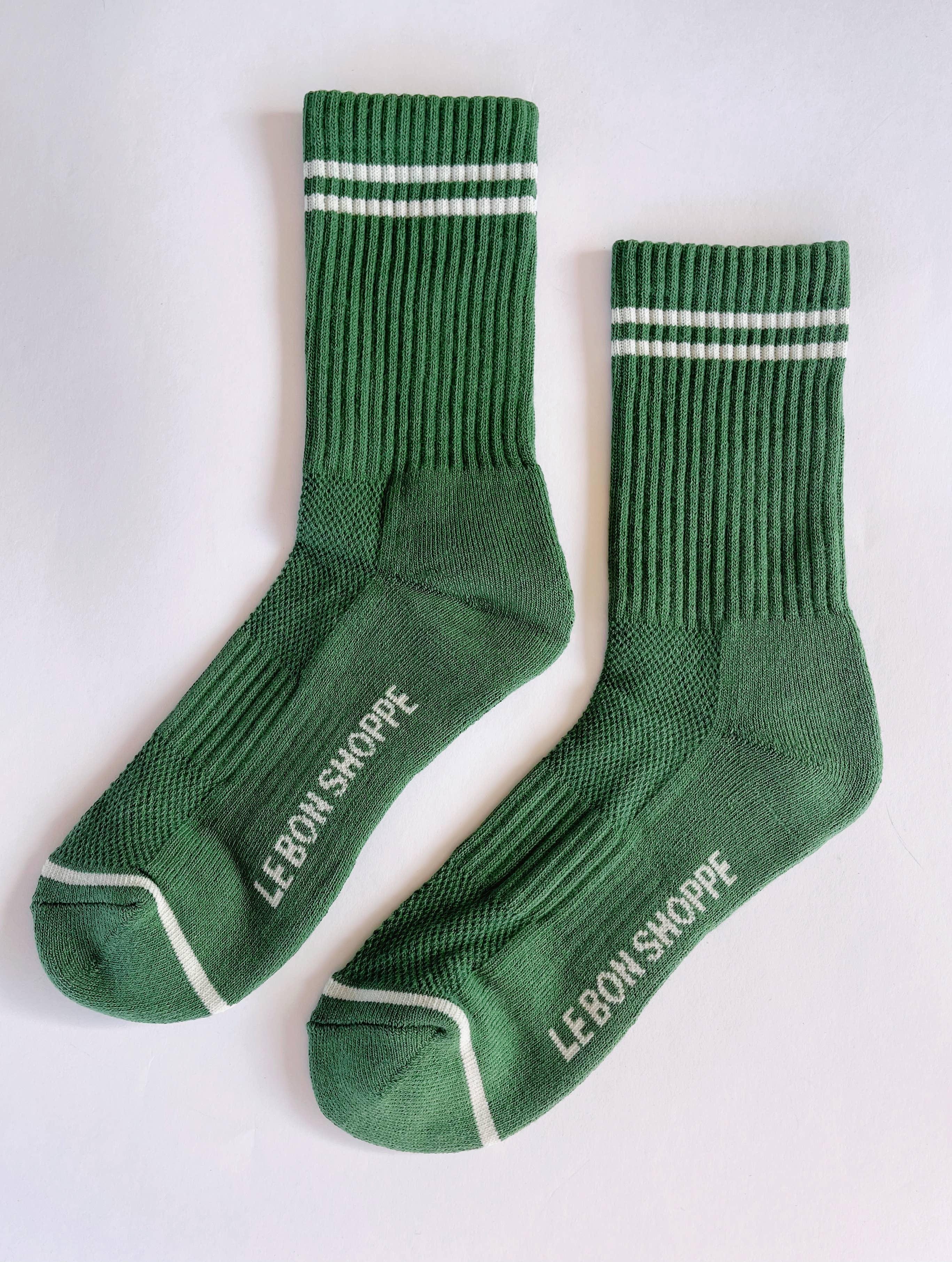 LE BON SHOPPE green cotton ribbed socks with white stripes and logo on side