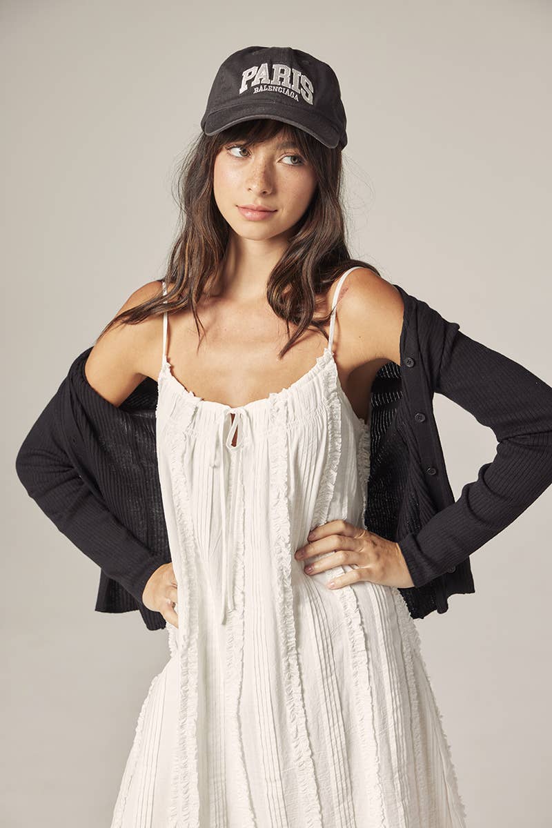 V-neck cotton line rib cardigan: Black / Solid / XS/S