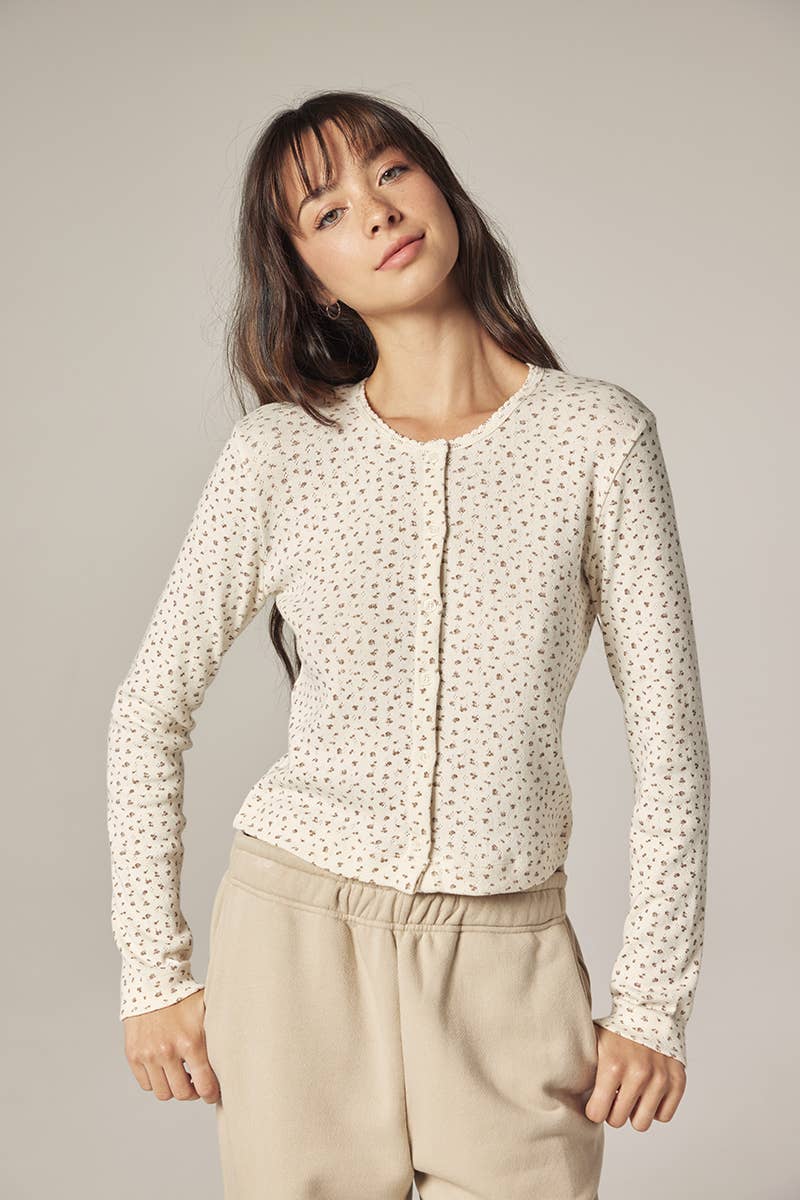 Romantic Button-down short cardigan: Cream/Navy / Floral / XS/S