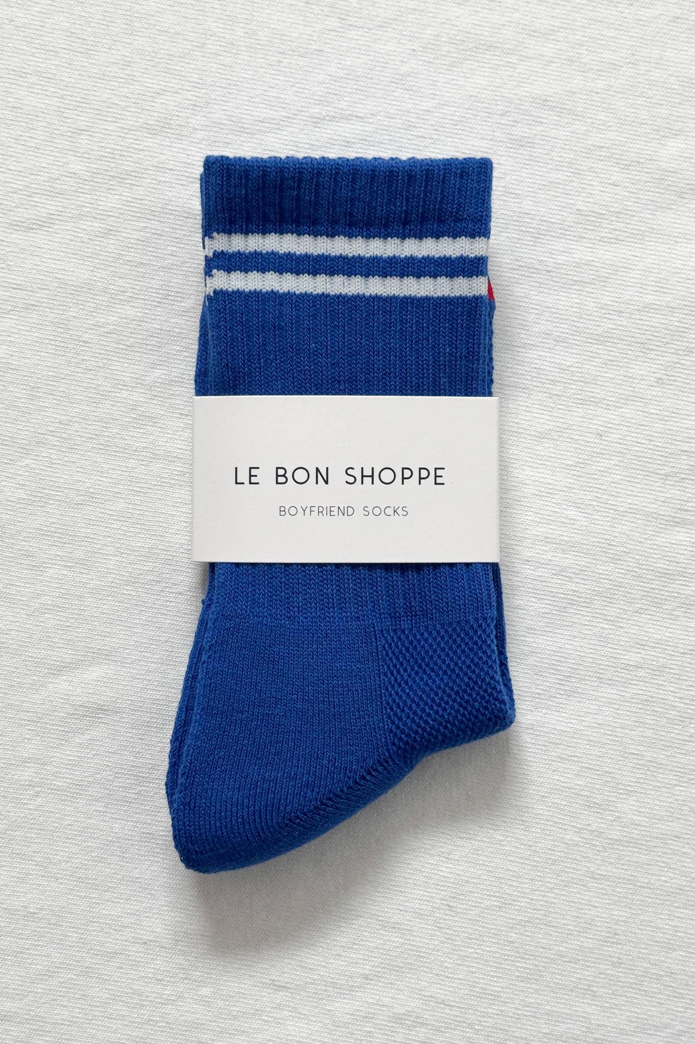 Le Bon Shoppe blue cotton Boyfriend socks with white stripes, premium packaging