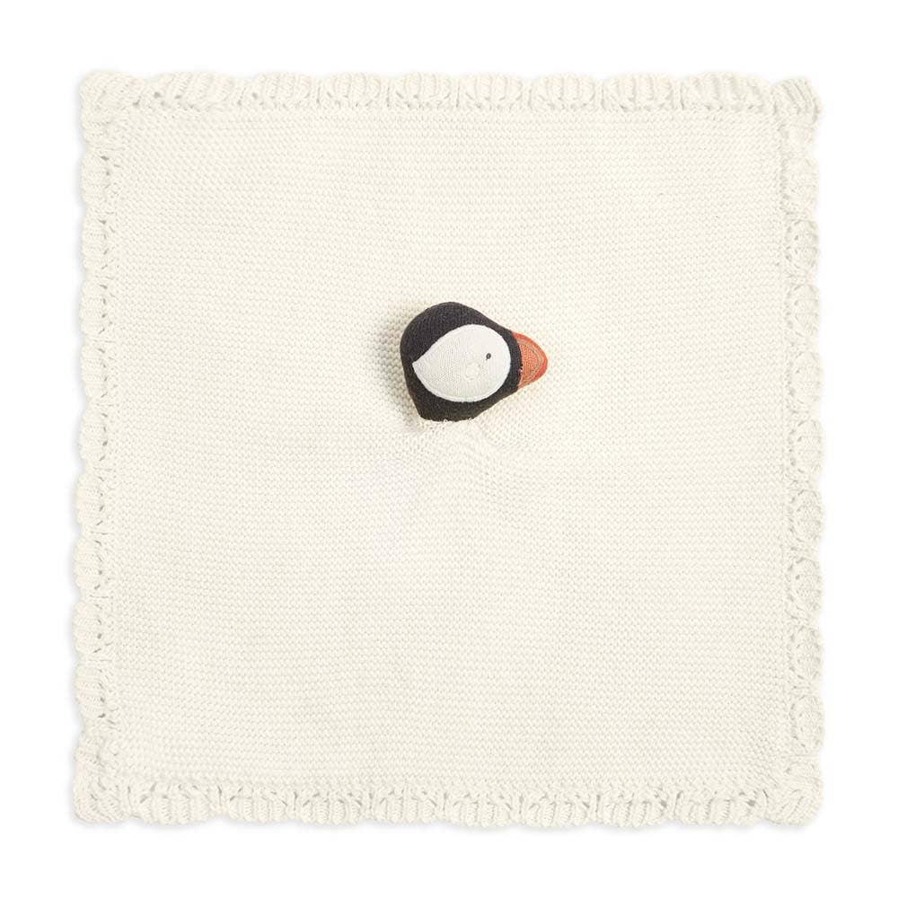 Konges Sløjd knitted cotton cream baby comforter with puffin motif