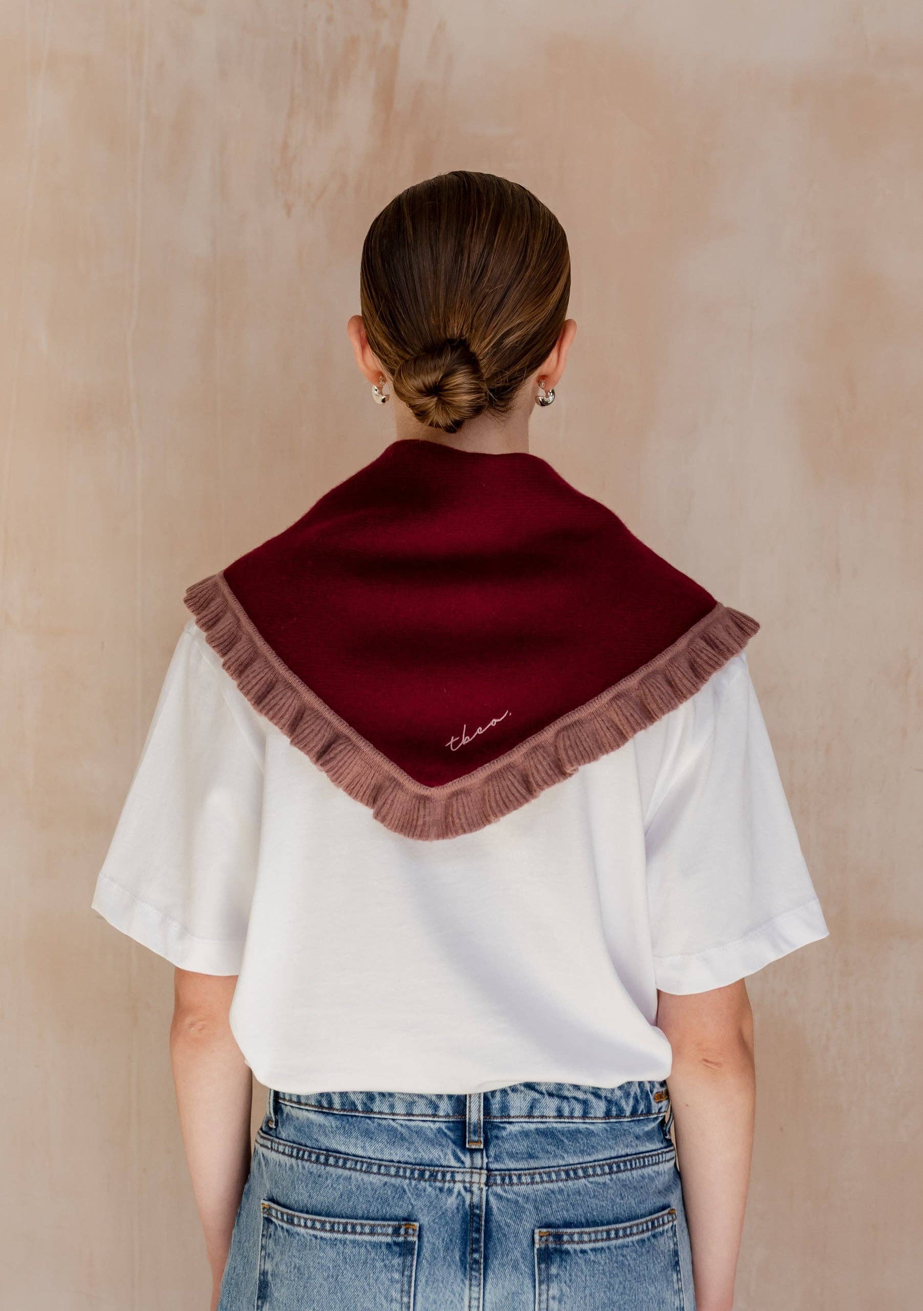 TBCo Merino Wool Triangle Scarf in Burgundy Ruffle