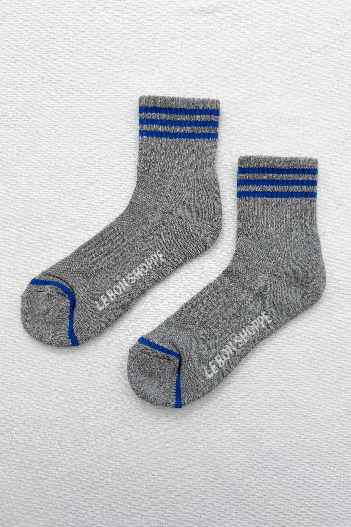 Le Bon Shoppe grey cotton socks with blue stripes and logo, premium athletic style
