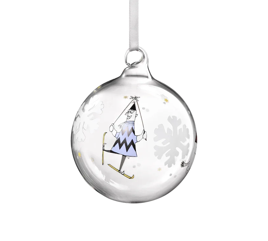Artek glass Christmas ornament with cartoon skier, snowflake and star motifs, clear finish