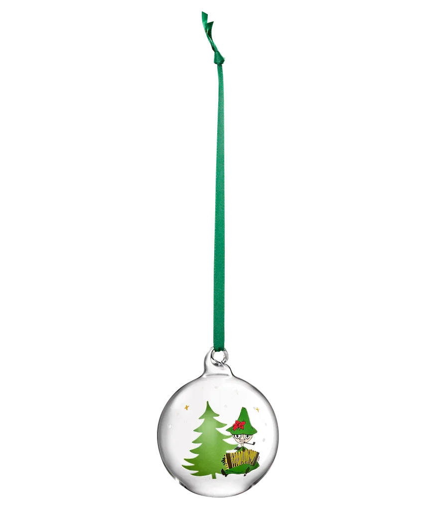 Muurla glass Christmas ornament with Snufkin, green tree, and green ribbon
