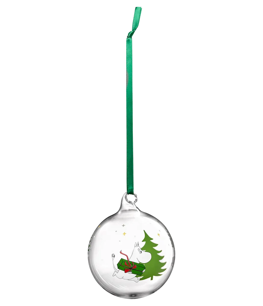 Moomin glass Christmas bauble with green ribbon, featuring a Moomin and pine tree illustration.