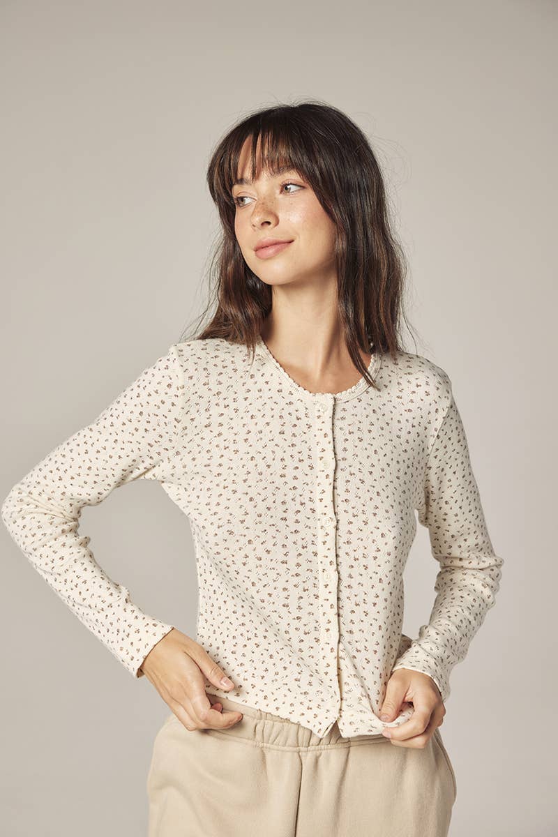 Romantic Button-down short cardigan: Cream/Navy / Floral / XS/S