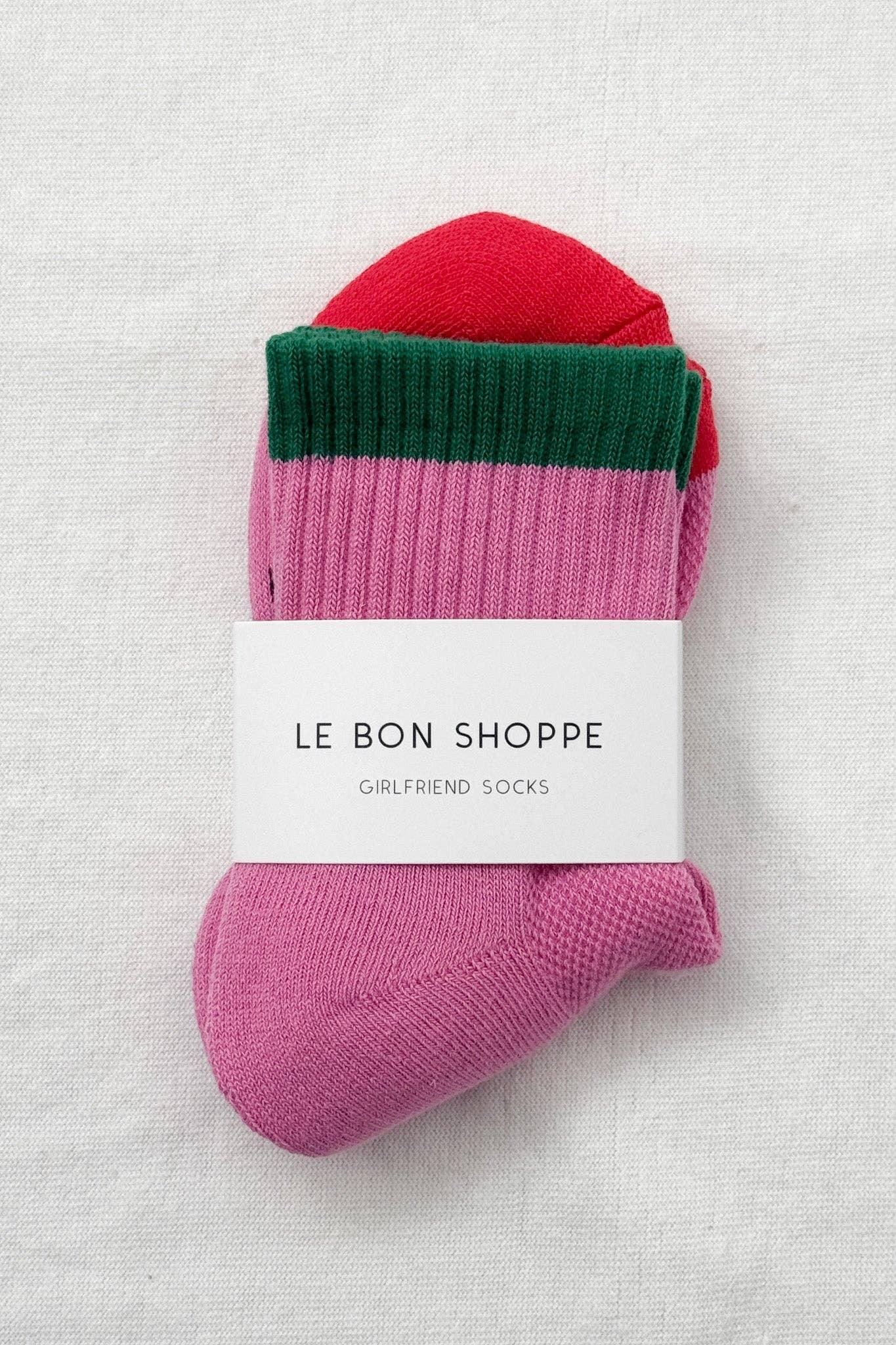 Le Bon Shoppe Girlfriend Socks in pink, green, and red cotton blend on white fabric