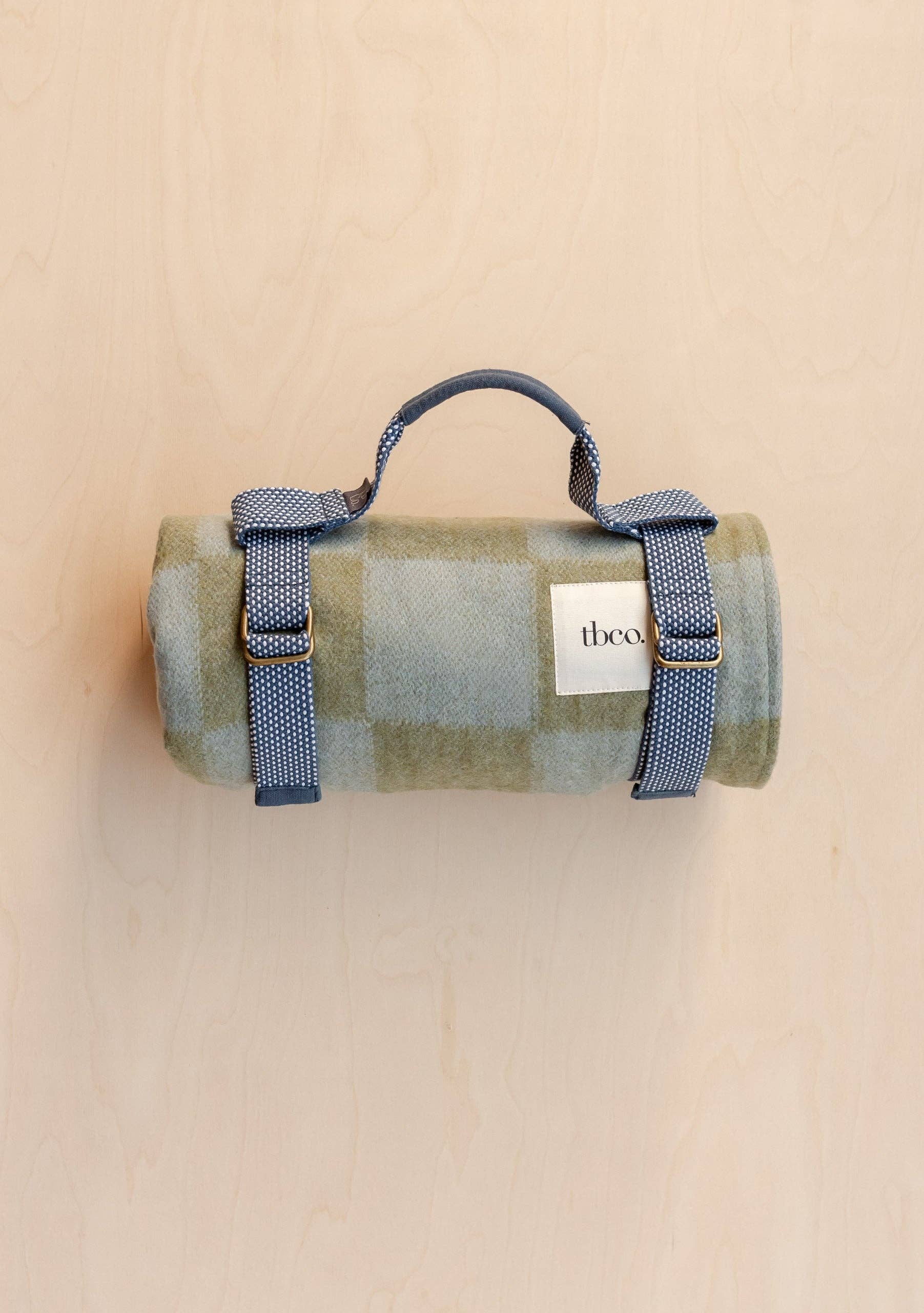Recycled Wool Picnic Blanket in Green & Blue Checkerboard: Navy Leather