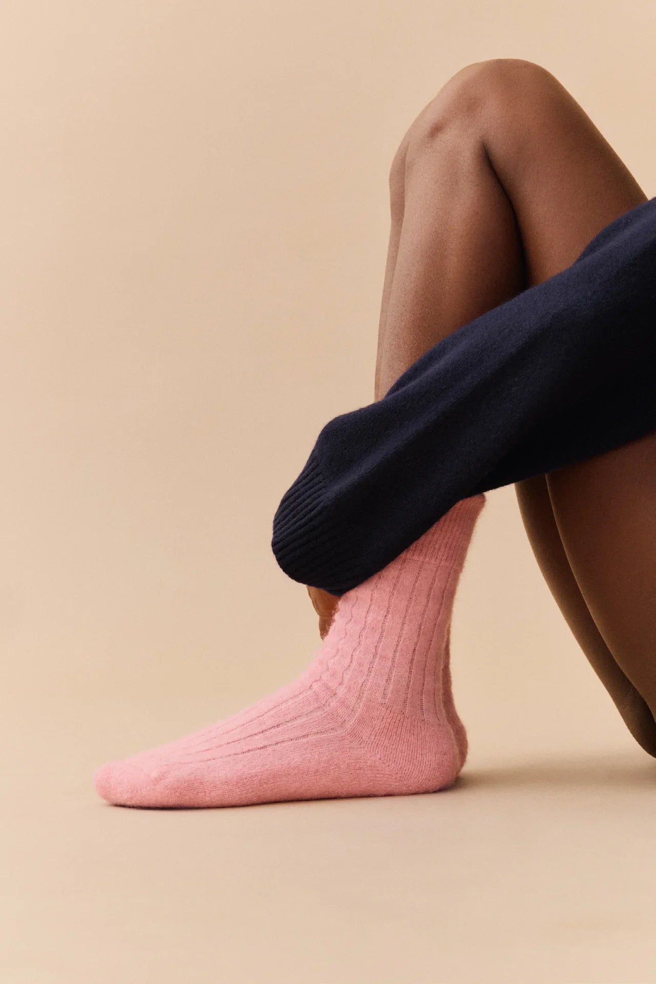 Le Bon Shoppe pink cashmere knit sock on model foot, premium soft ribbed design