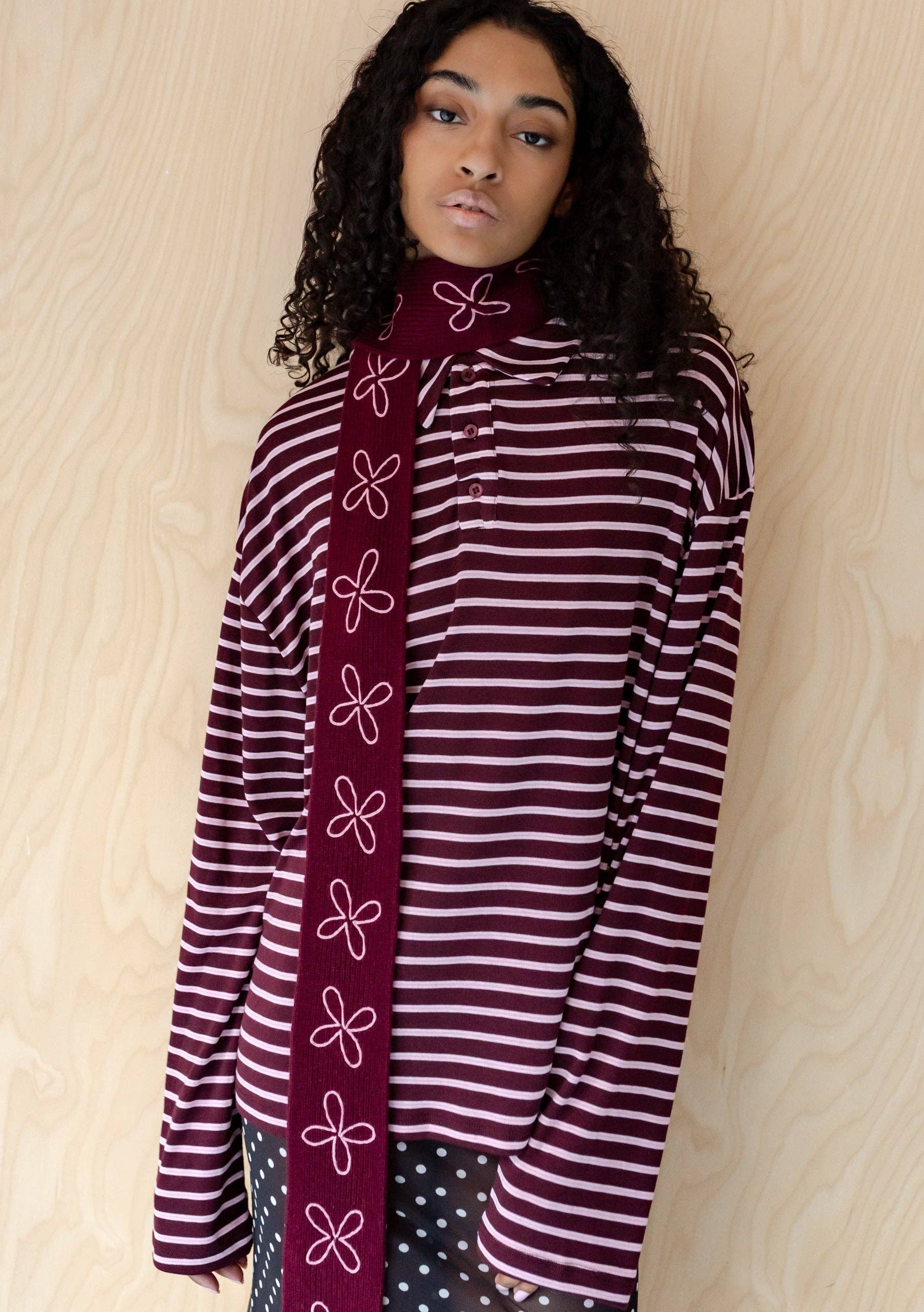 Merino Wool Skinny Scarf in Burgundy Flora -  TBCo
