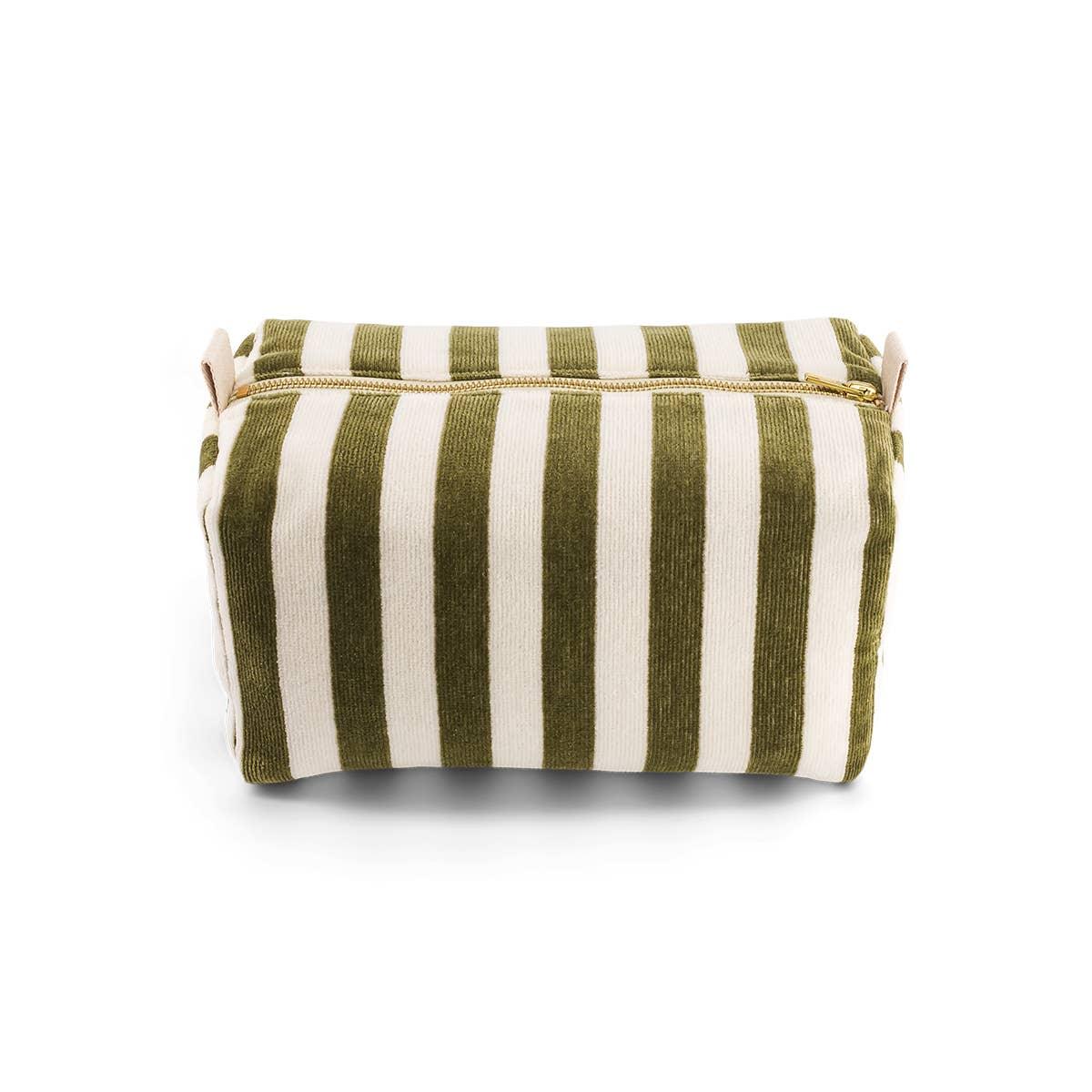 Baggu striped canvas toiletry bag in olive green and cream with gold zipper
