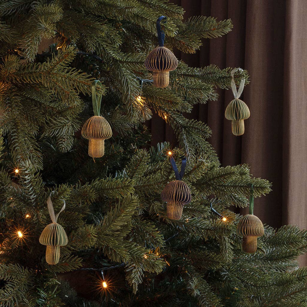 Paper Christmas Tree Decorations, Set of 6 - Mushrooms