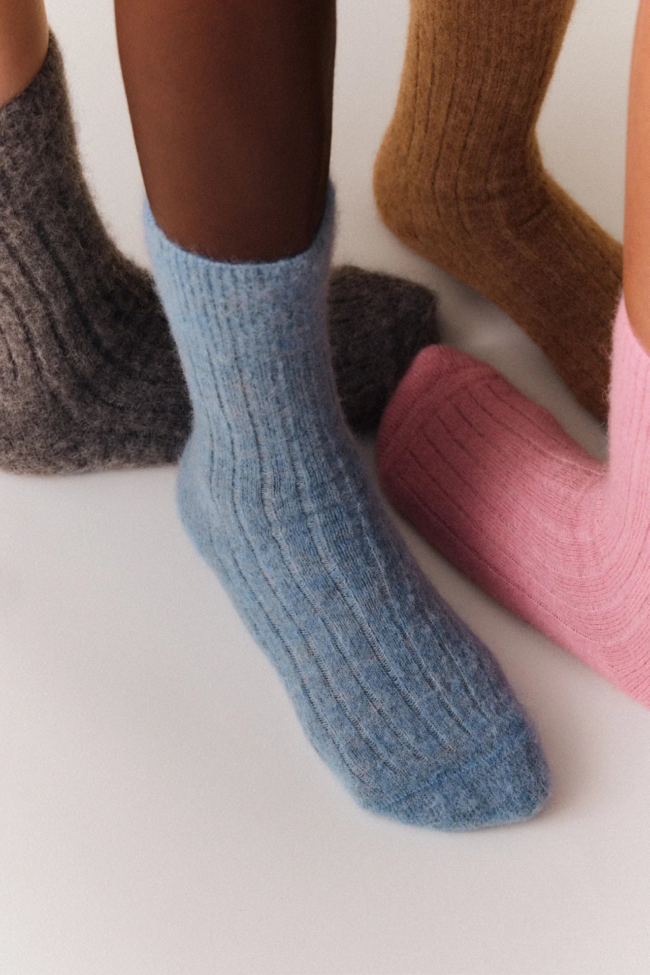 Le Bon Shoppe fuzzy ribbed socks in blue, pink, brown, and grey wool blend