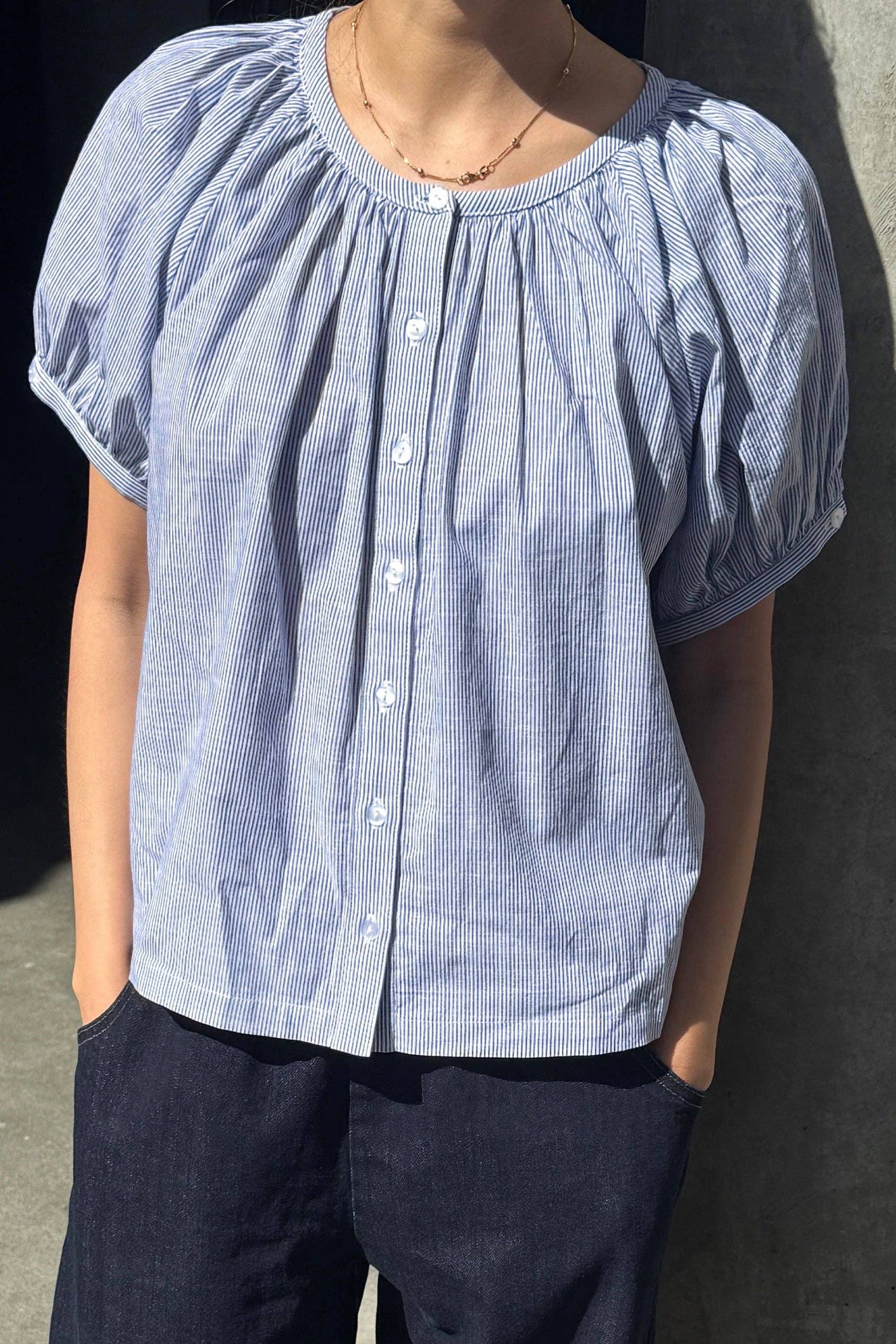 Emily Short Sleeve Top in Blue Stripe — Le Bon Shoppe